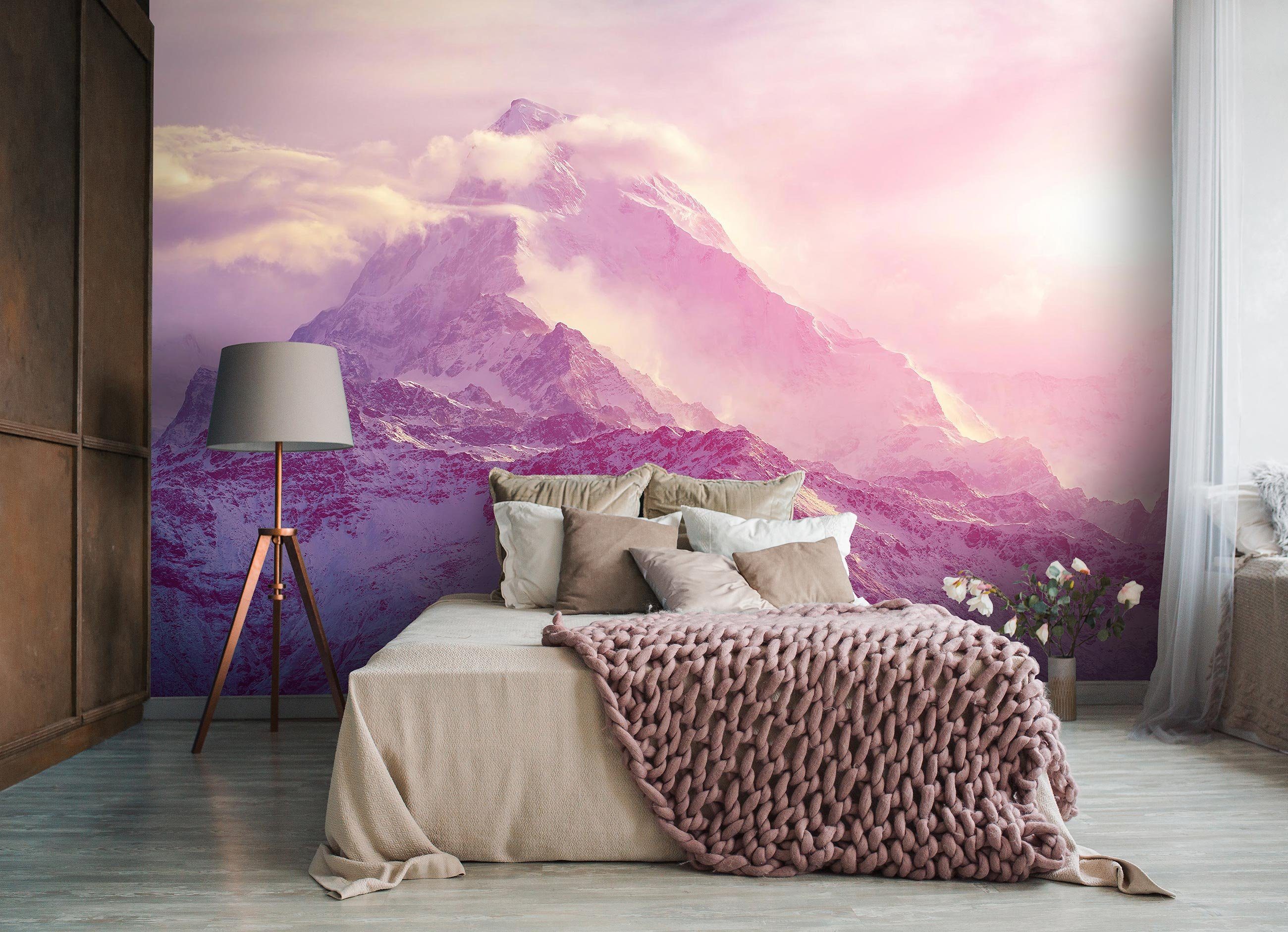 Wallarena Tapete Wandtapete, Schlafzimmer Vliestapete Wolken Rosa Vlies Berge Kleister inklusive Glatt, Fototapete Landschaft, Wohnzimmer