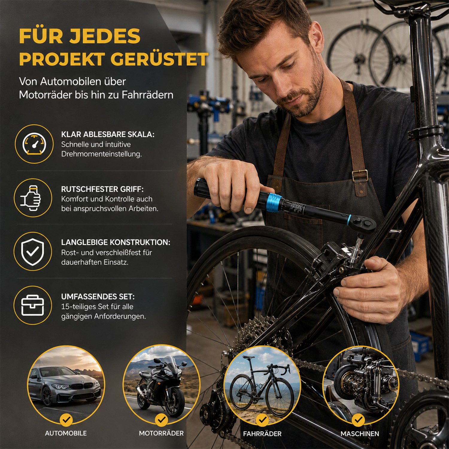 AKKEE Drehmomentschlüssel Drehmomentschlüssel-Set Adjustable 1/4" 2-24Nm ±3% Fehlergenauigkeit (15Set), Chrom-Vanadium-Stahl Für Fahrrad Motorrad 15 St. – Bild 5 von 5