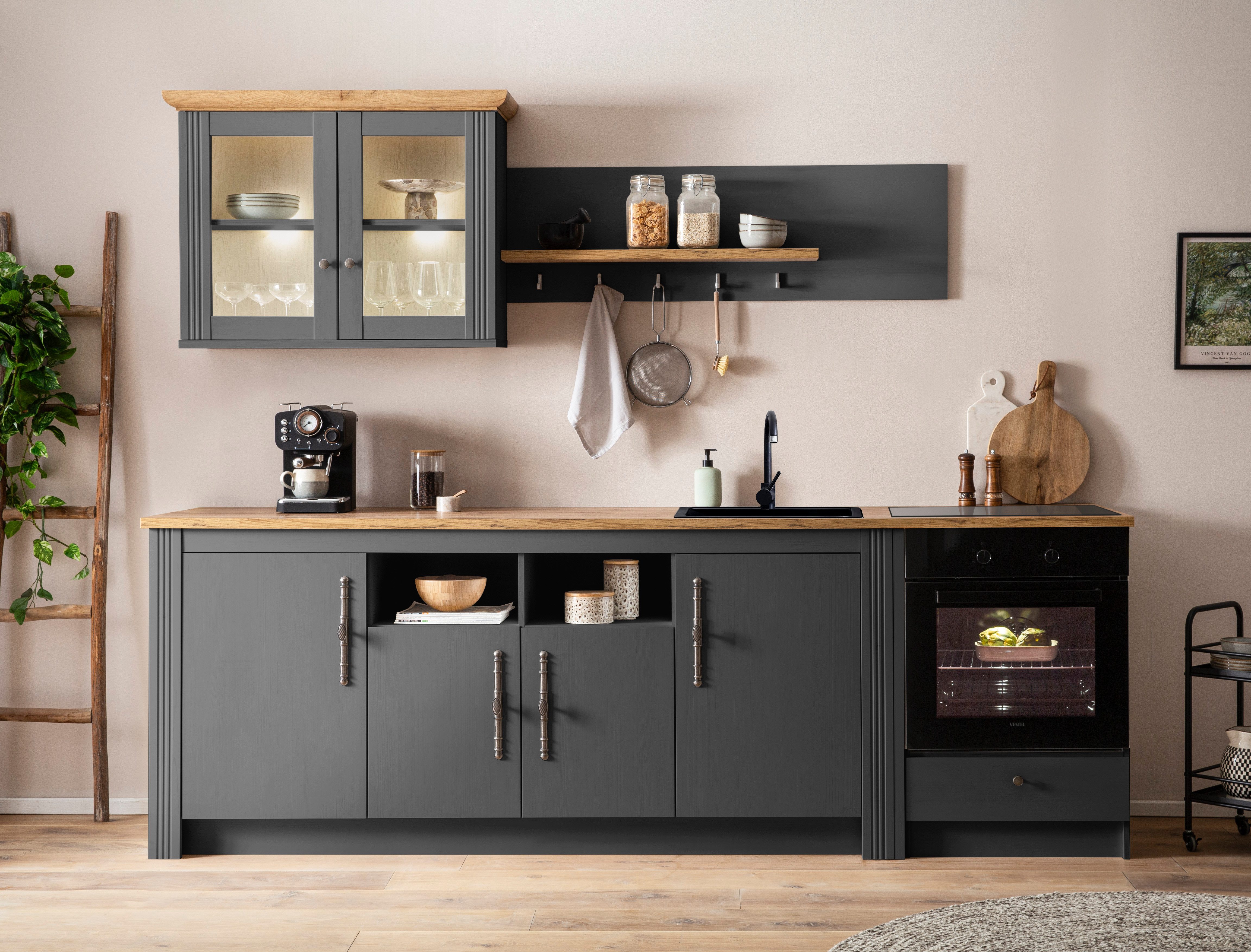 OTTO home Küchenzeile KS-Westminster, Pantryküche im Landhaus Stil, hochwertige Metallgriffe, (Set), Breite 268 cm, Sideboard, Wandpaneel, Hängeschrank und Herdumbau