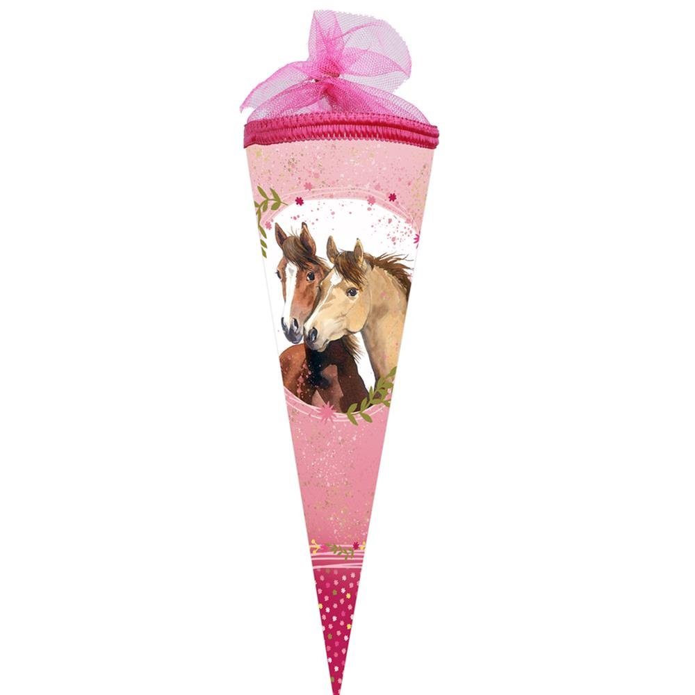 Nestler Schultüte Pferdefreunde 2, 35 cm, rund, mit pinkem Tüllverschluss, Zuckertüte für Geschwister