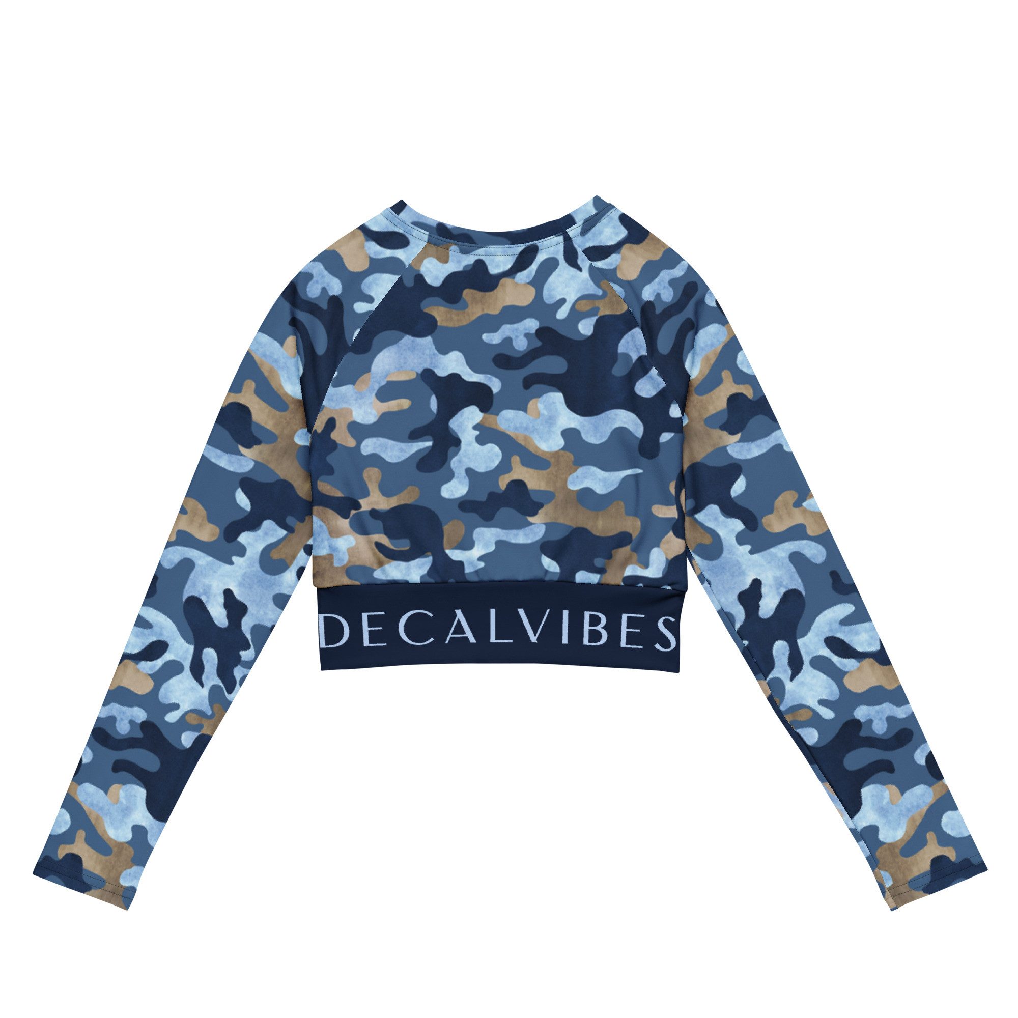 DECALVIBES Crop-Top Crop Top mit langen Ärmeln Ultimate Blue Camouflage UPF 50+, lange Raglanärmel, Crop-Schnitt, recyceltes Material