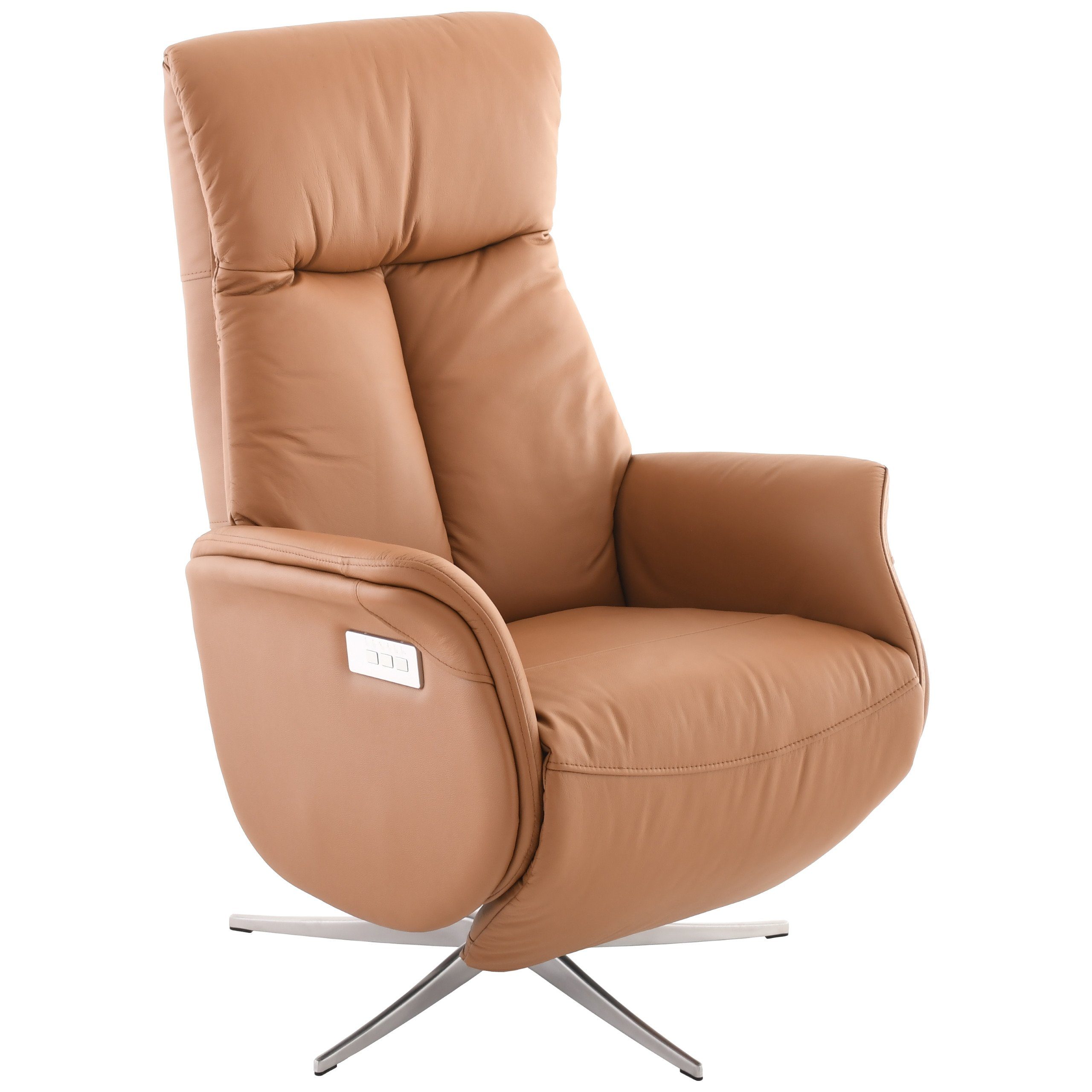louming TV-Sessel Premium Fernsehsessel DIRK in COGNAC-BRAUN mit 3 Motoren,  Relaxfunktion, Premium Leder & Kunstleder, Aluminium Gestell, 360° drehbar,  Retro-Design