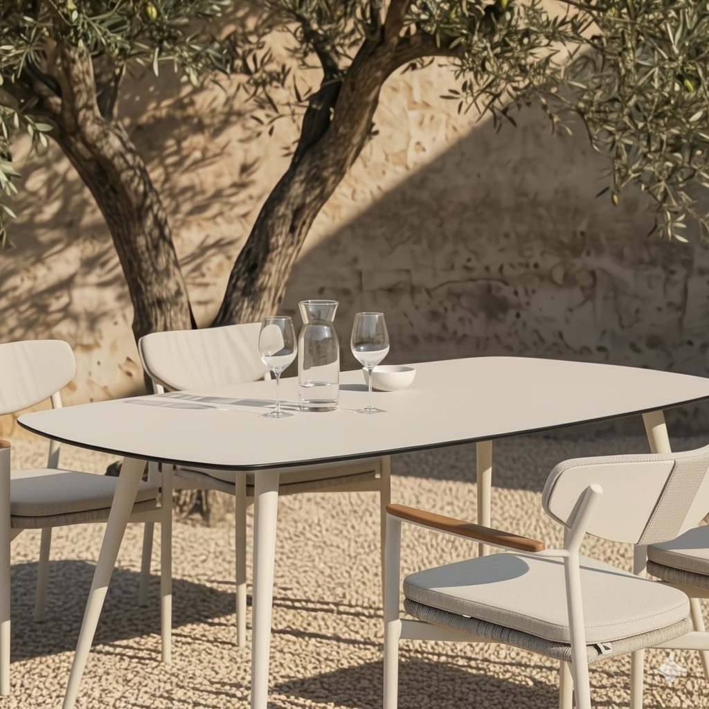 CASA DOMA Garten-Essgruppe Farini/Napola, (Outdoor-Essgruppe, 5-tlg., bootsförmiger HPL-Tisch), stapelbare Stühle, inkl. Sitz- und Rückenkissen, Aluminium cream