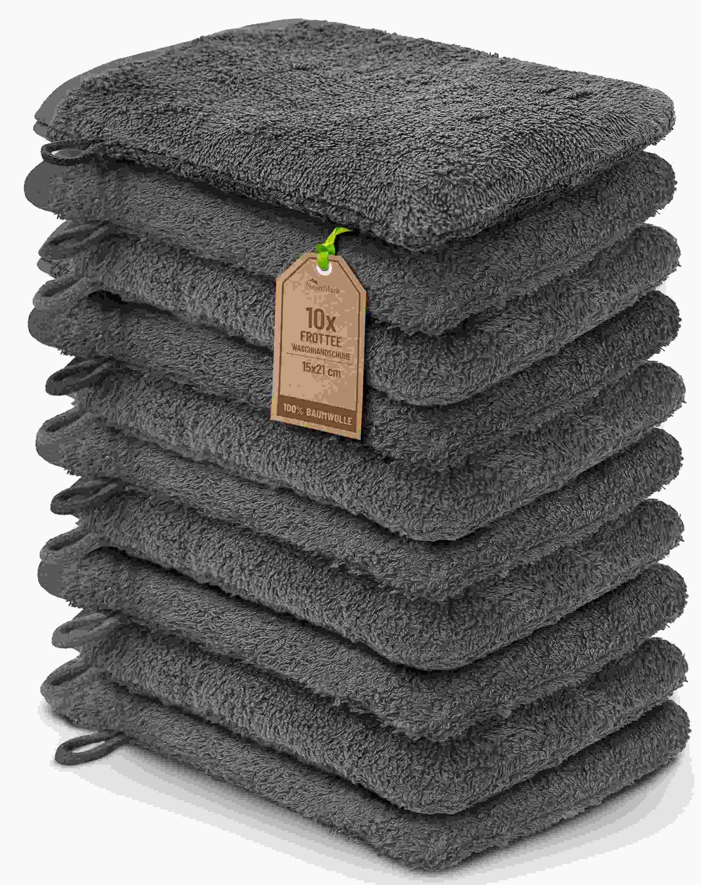 NatureMark Waschhandschuh 10er-Set Frottier Waschhandschuhe, 100% Baumwolle (10-St), Premium Frottier Waschhandschuhe, 15x21cm, Anthrazit grau