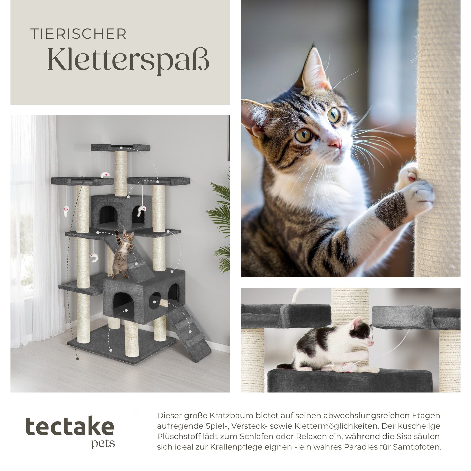 tectake Kratzbaum Katzenbaum Knuti 186 cm Diverse Farben (Grau), Vielseitig mit robusten Sisalstangen und Plüschoberfläche