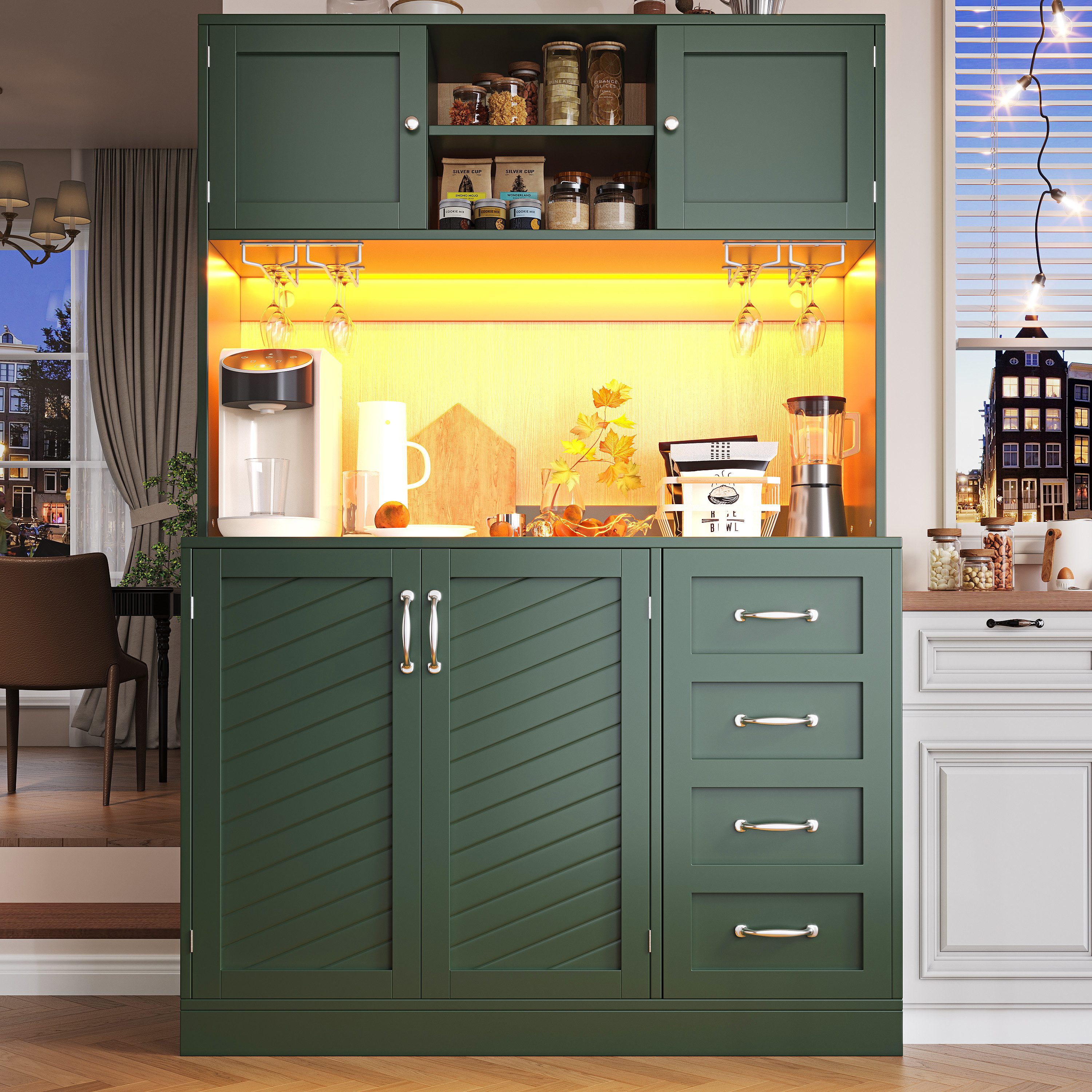 Flieks Küchenbuffet mit LED-Beleuchtung, Gläserhalter, Schubladen und Türablagen (1-St., B120/T40/H188 cm) Hochschrank Küchenschrank Geschirrschrank mit Arbeitsplatte Grün