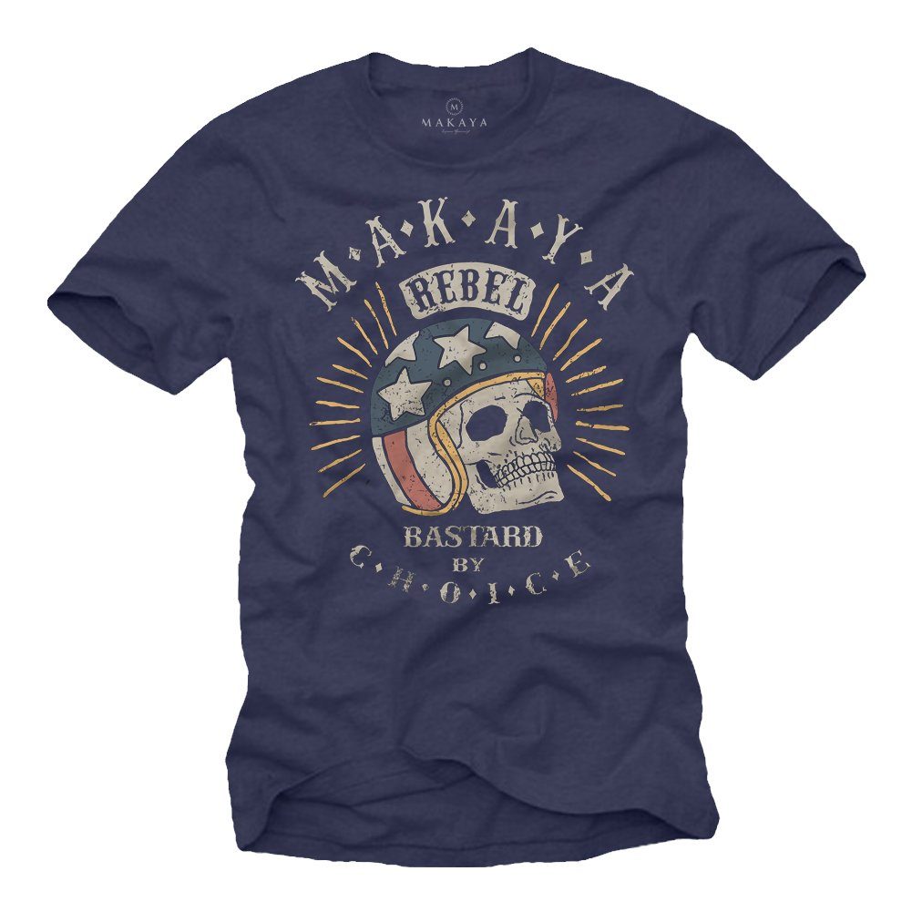 MAKAYA Print-Shirt Motorrad Helm Coole Lustige Sprüche Totenkopf Skull Biker Bekleidung mit Druck, aus Baumwolle Blau