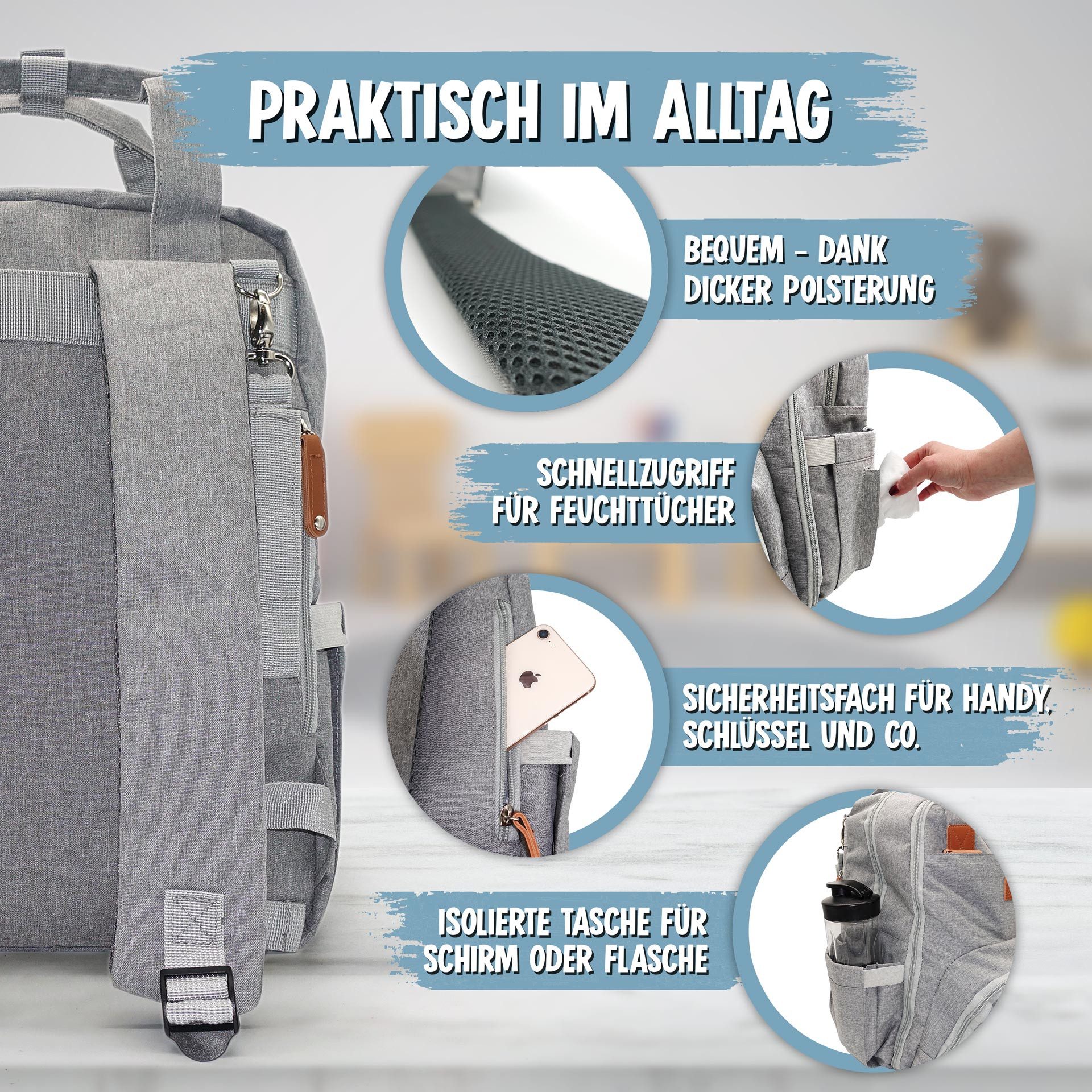 Emadele Wickelrucksack lässig, elegant und schlicht. Wickeltasche mit Wicke günstig online kaufen
