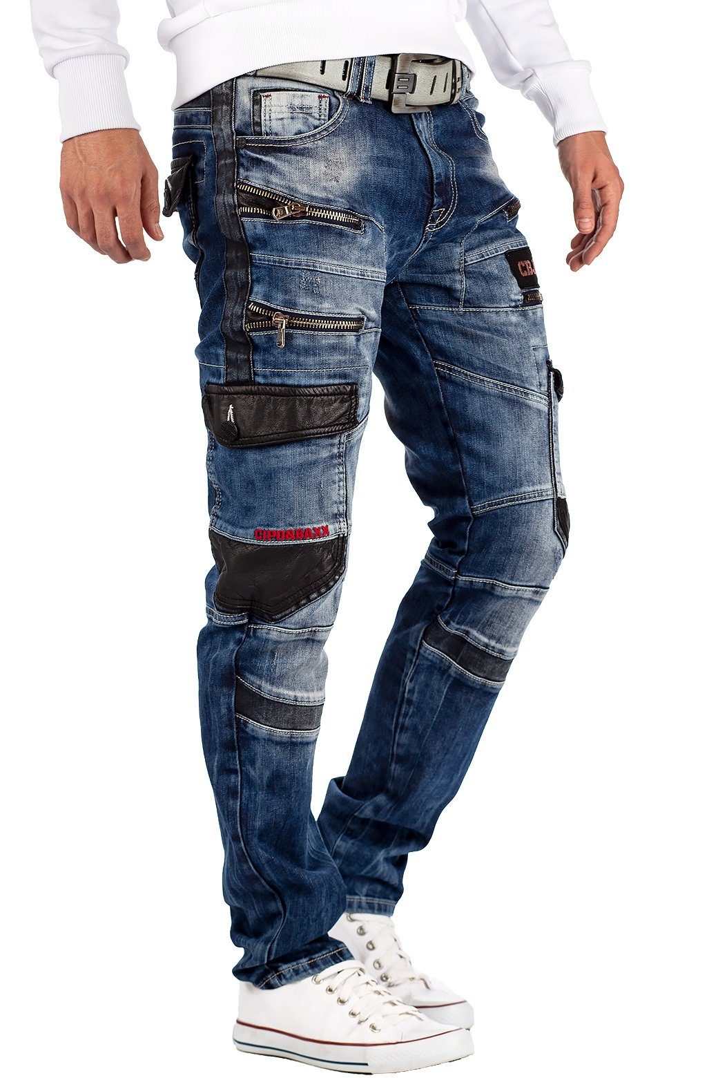 Cipo & Baxx Bikerjeans Herren straight fit Hose Stonewashed BA-CD561 4 Zipper und Cargostil Seitentaschen