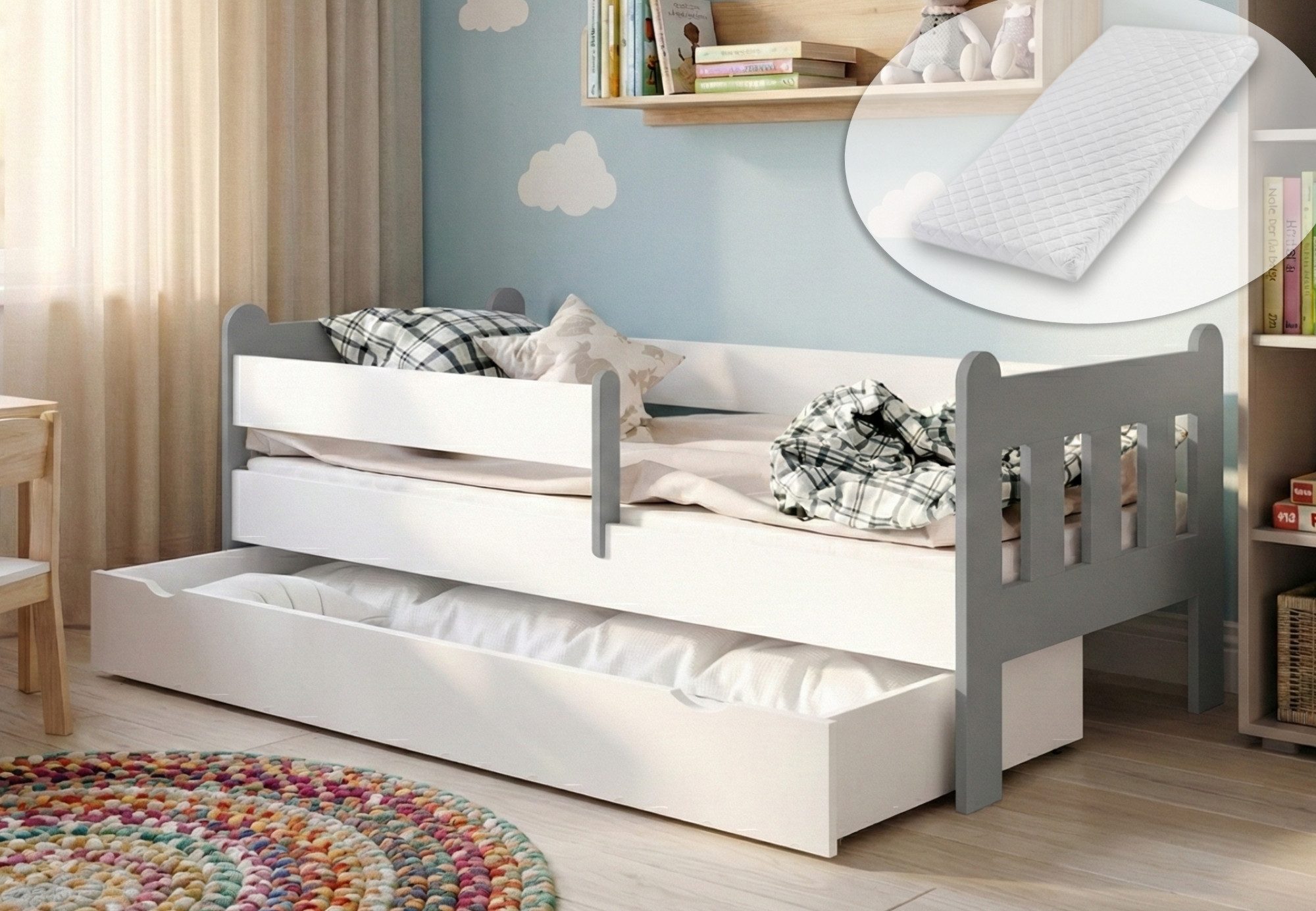 Kids Collective Kinderbett 80x160, 80x180, 90x200 cm mit Schublade, Rausfallschutz & Lattenrost, mit Matratze in weiß-grau 80x160 cm Mädchen Jungen Bett