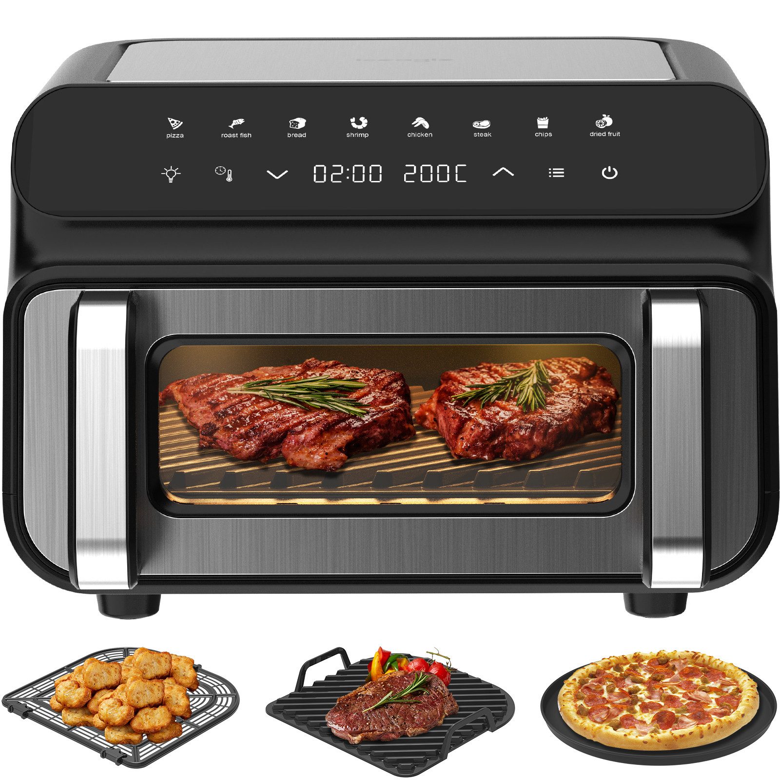 Aoucheni Heißluftfritteuse AGT10001A Grill & Heißluftfritteuse XXL Airfryer mit Sichtfenster, 2000,00 W, 8 Kochprogramme, 10L, digitales Display, 50 - 230 °C