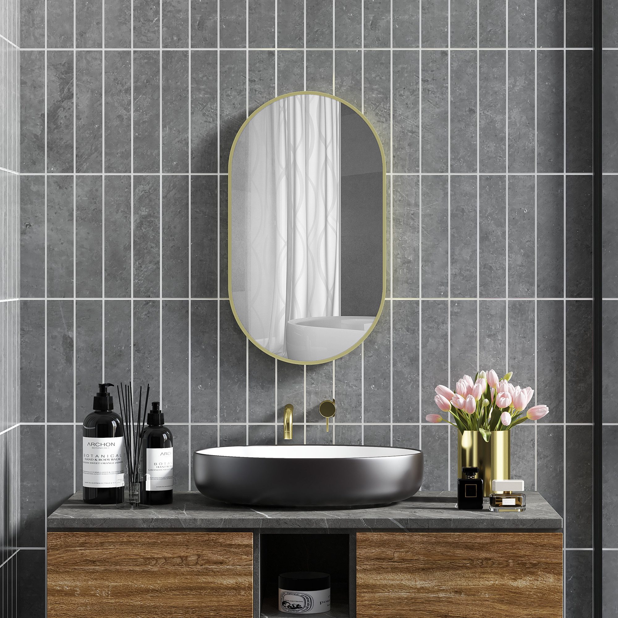 BAYMATE Badspiegel Ovaler Wandspiegel mit minimalistischem Aluminiumrahmen (zur vertikalen oder horizontalen Montage mit 3 Haken, 40 x 70 cm, goldfarben) – Bild 4 von 5