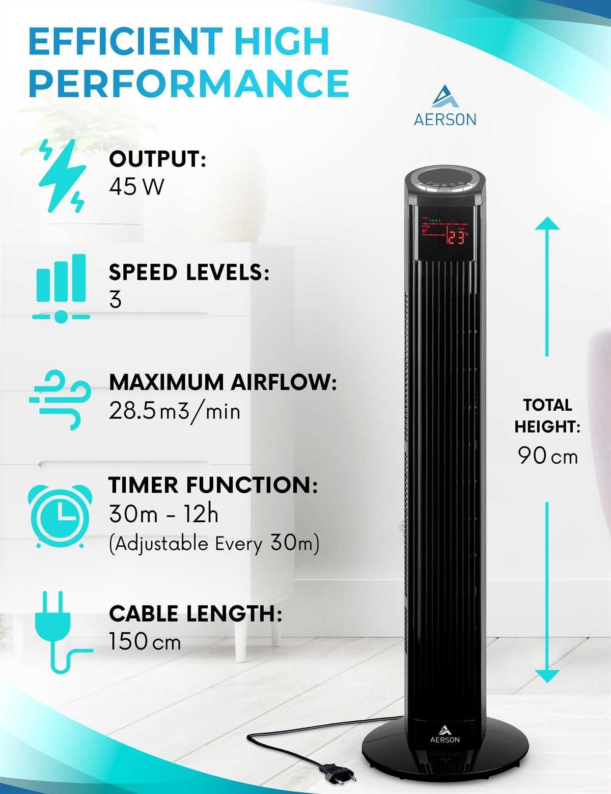 AERSON Turmventilator Ventilator mit Fernbedienung & Timer 90 cm, Tower Fan Oszillation, 3 Stufen, LED Display Raumtemperaturanzeige 45 W