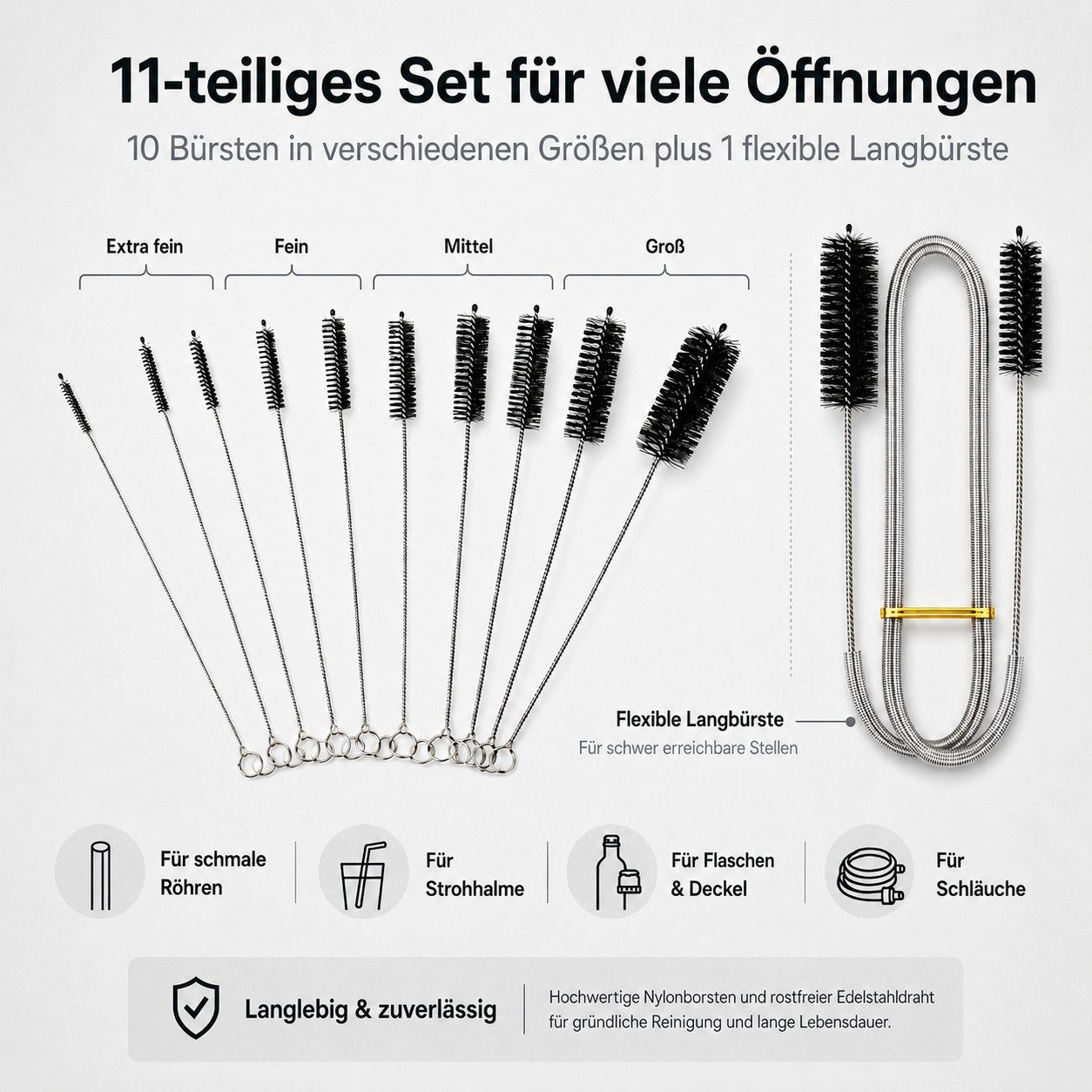 XEOOCE Reinigungsbürsten-Set Rohrreinigungsbürste Set 10-tlg., Flexible Bürsten für Rohre, Aquarium, PVC-Rohr, Schlauch, (Set, 10-teilig), flexibel, langlebig, wiederverwendbar, leicht zu reinigen