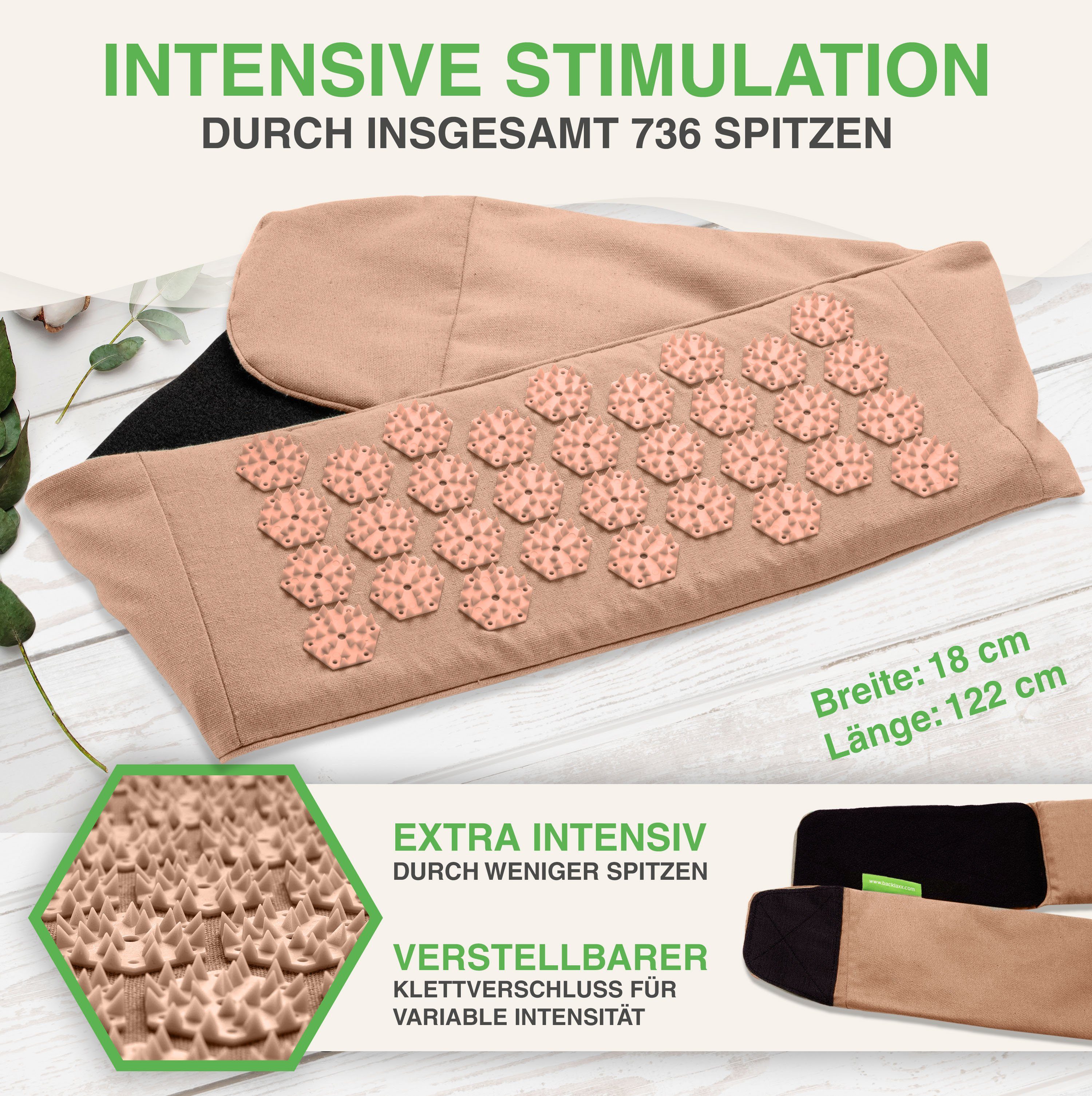 BACKLAxx® Akupressurmatte Akupressur Lendengürtel mit 736 Spitzen (Lendengurt mit Tasche - inkl. Videokurs & Hörbuch, Akupressur Gürtel gegen Rückenschmerzen), Intensitätsregulierung durch Klettverschluss