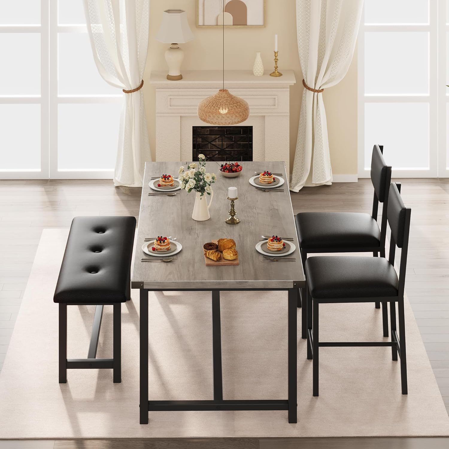 GarveeMore Essgruppe für 4,Esstisch mit 2 gepolsterten Stühlen und Bank, Holzküchen-Esszimmer-Set,für kleine Räume,Wohnung,Haus,Küche – Bild 3 von 5