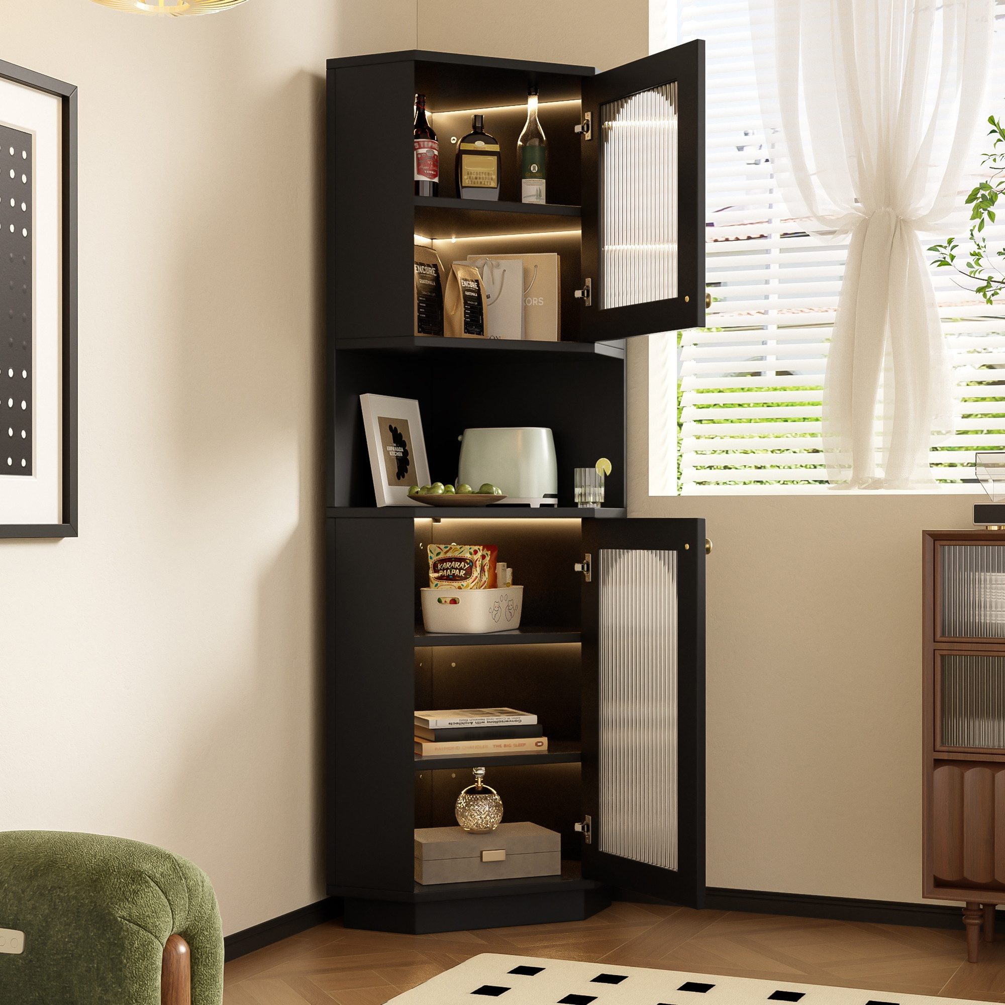 BlingBin Eckschrank Feuchtigkeitsbeständiger Bad-Eckschrank mit Lichtleiste (1er Set, 1-St., 45 × 45 × 166,5 cm) zwei Ablagefächer und offene Fächer mit verstellbaren Einlegeböden