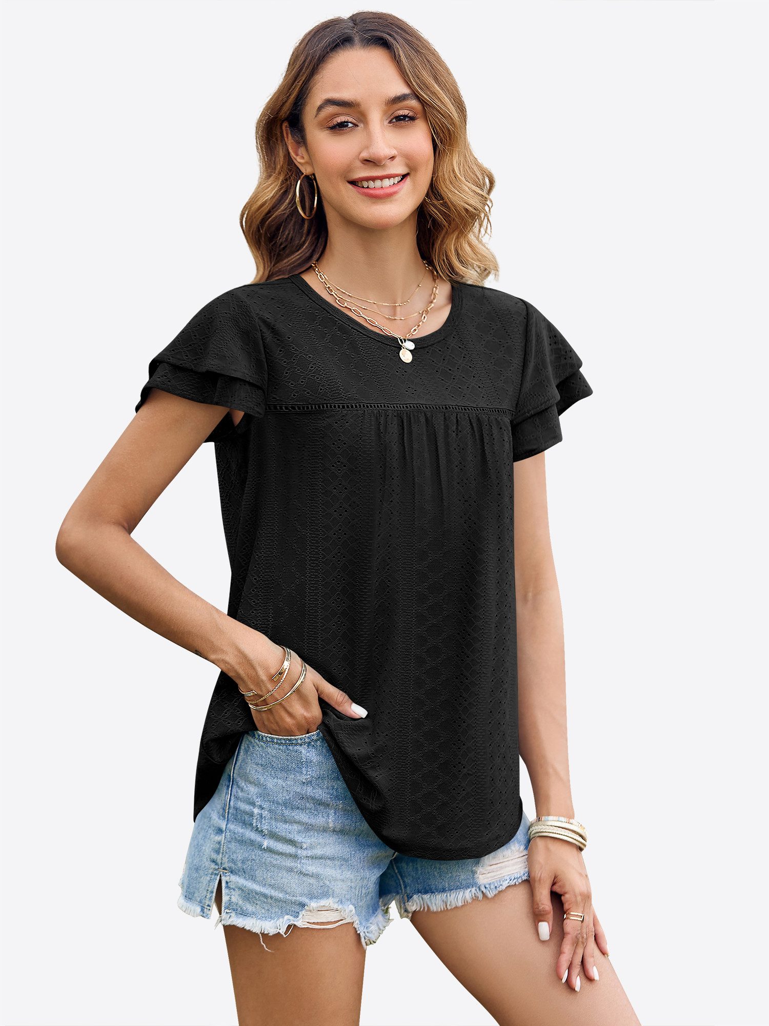 Imily Bela T-Shirt Damen mit Lochspitze und Rüschenärmeln Rundhals Sommer A günstig online kaufen
