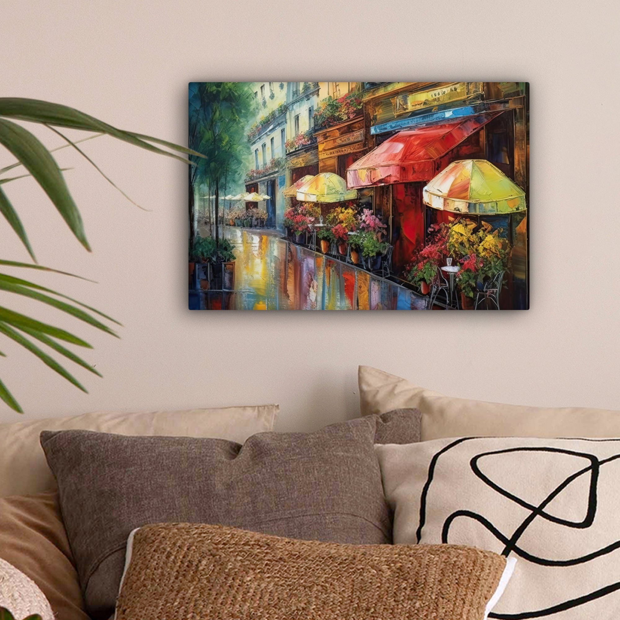 OneMillionCanvasses® Leinwandbild Straße - Ölfarbenoptik - Farbenfroh - Stadt, Fotodruck (1 St), Leinwand Bilder Klein, Wand Dekoration Aesthetic 30x20 cm