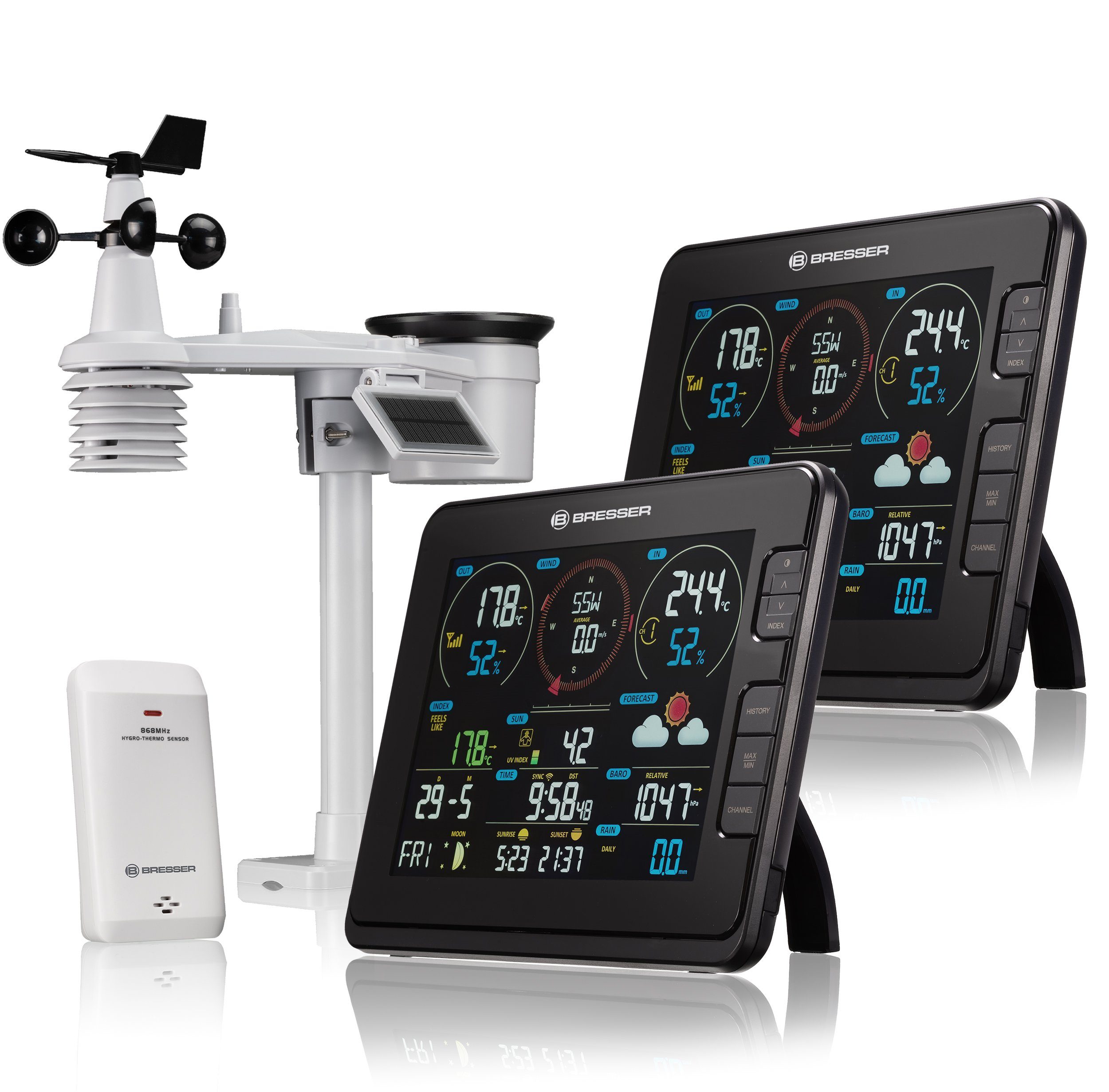 Wetterstation BRESSER Profi-WLAN-Wetterstation 7-in-1 mit 2 Basisstationen, Lichtin…