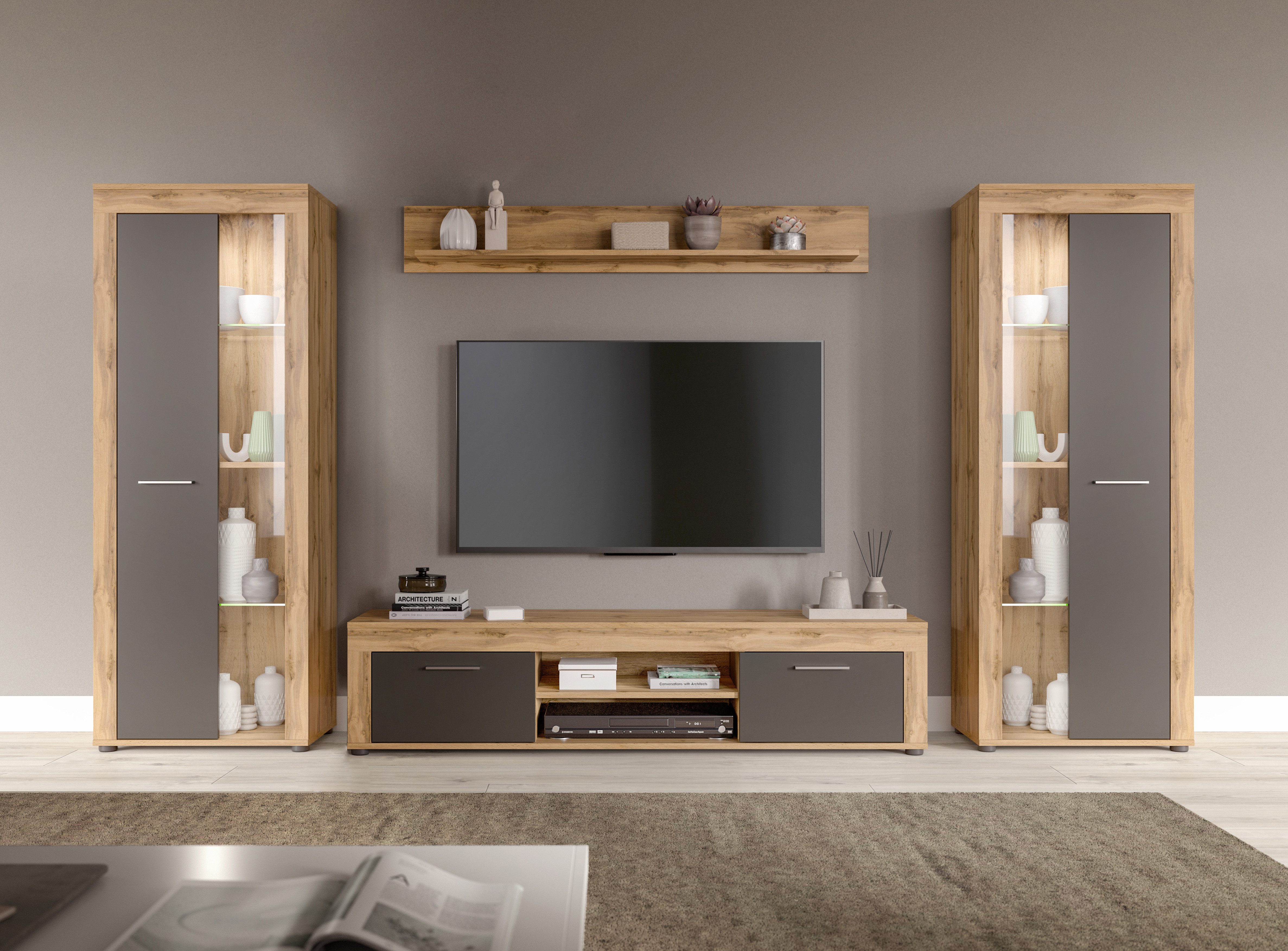 INOSIGN Wohnwand Aosta, Breite 310cm, best. aus: 2x Vitrine, Lowboard, Wandboard, Wohnwand, Kombination, Anbauwand, Möbel Set, Schrankwand, Möbel Kombi