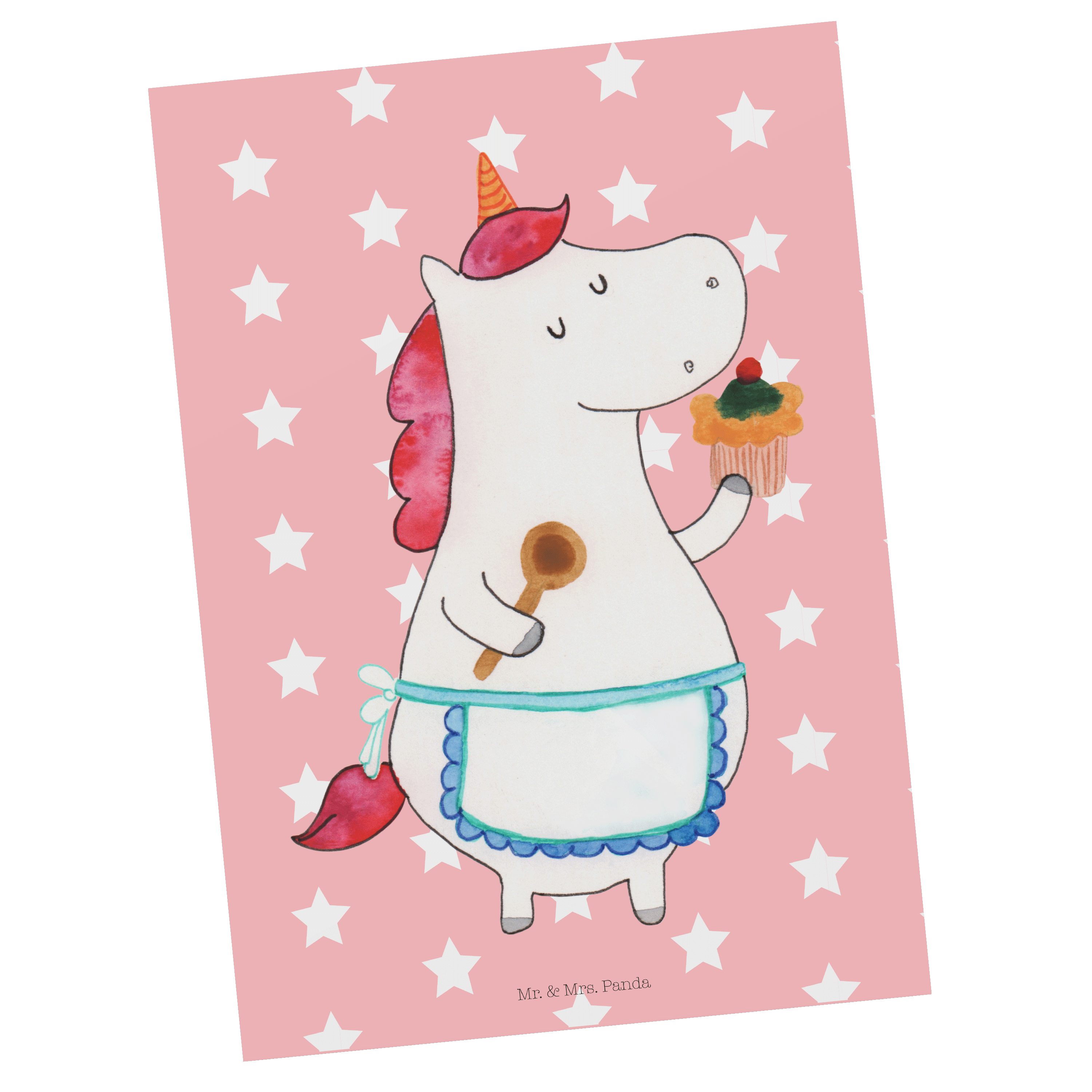 Mr. & Mrs. Panda Postkarte Einhorn Küchenfee - Rot Pastell - Geschenk, Einhörner, Bäckerin, Gruß