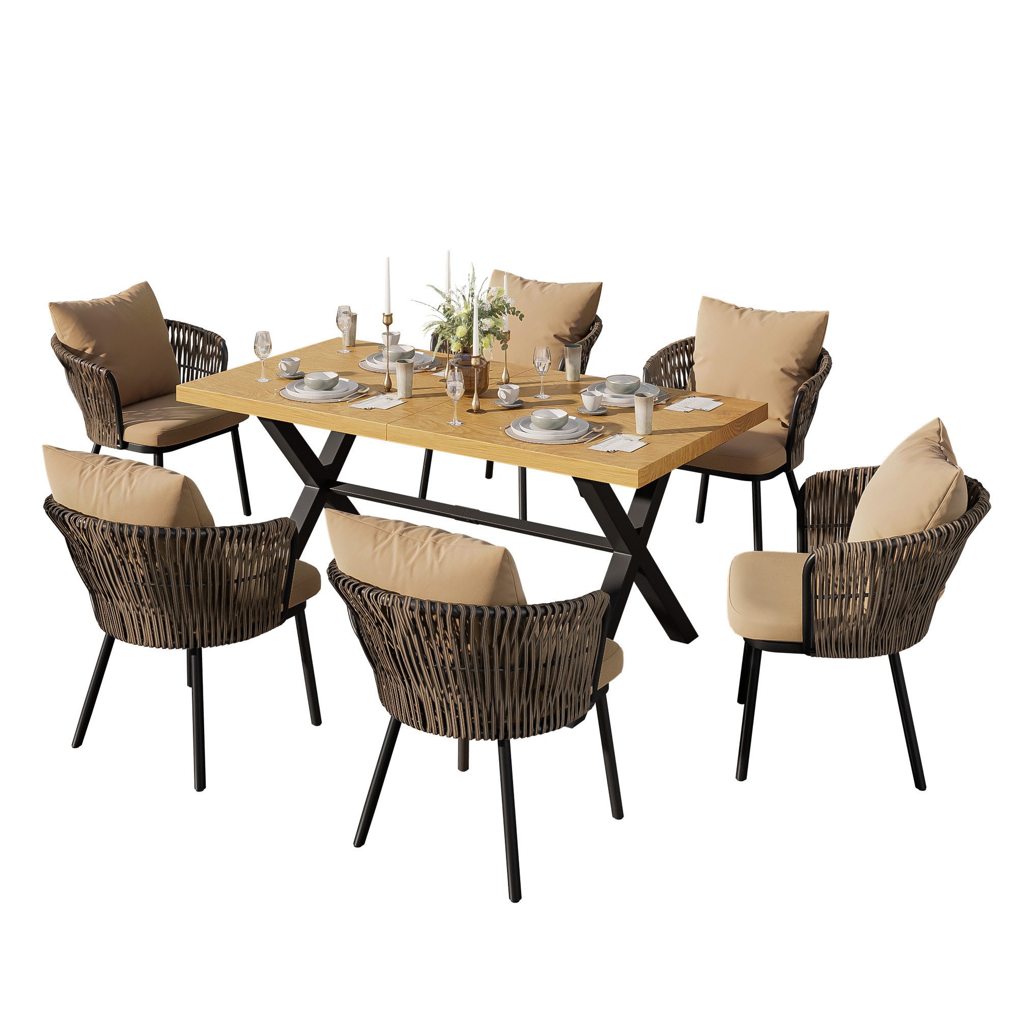 Refined Living Gartenlounge-Set 7-teiliges Gartenmöbel-Set Essgruppe Outdoor, Tisch + 6 Stühle, (Khaki & Natur, 6-teiliges Outdoor Gartenmöbel-Set, 150x75x75 cm Tisch, 52x50x72 cm Stühle, Eisengestell, Holzoptik Tischplatte, PE-Rattan Rückenlehne, 1-tlg., mit dicken Sitzkissen, wetterfest, modern Sitzgruppe), für Garten, Terrasse, Balkon, Outdoor Essgruppe für 6 Personen