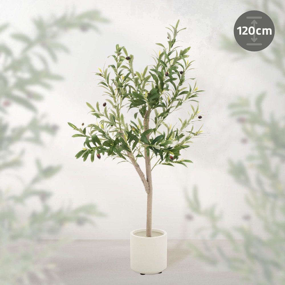 Kunstpflanze Künstliche Pflanze für Wohnräume & Garten dekorative Zimmerpflanze, ML-DESIGN, Höhe 120 cm, Kunstbaum Olive für Innen & Außen mit Echtem Moos & Echtholzstamm
