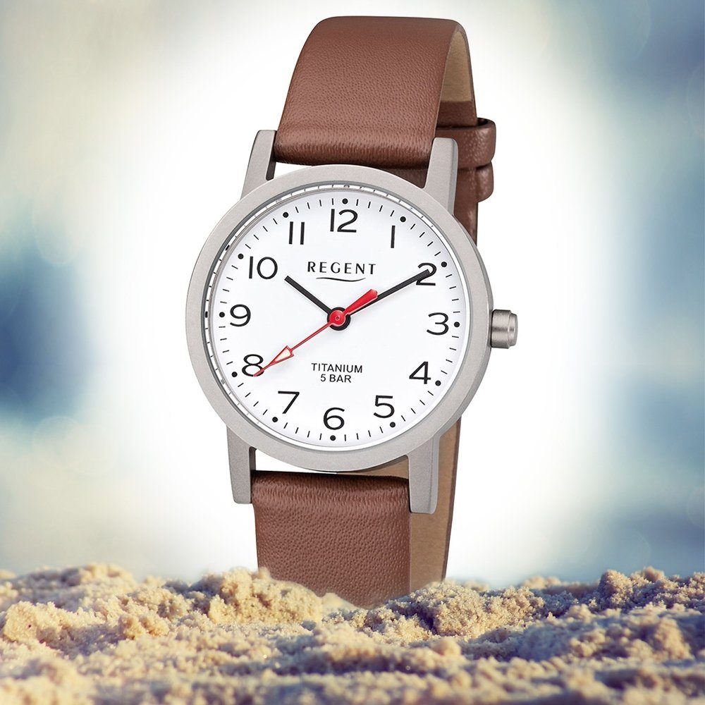 Regent Quarzuhr Regent Damen Uhr F-1213 Leder Quarzwerk, (Analoguhr), Damen Armbanduhr rund, klein (ca. 27mm), Lederarmband