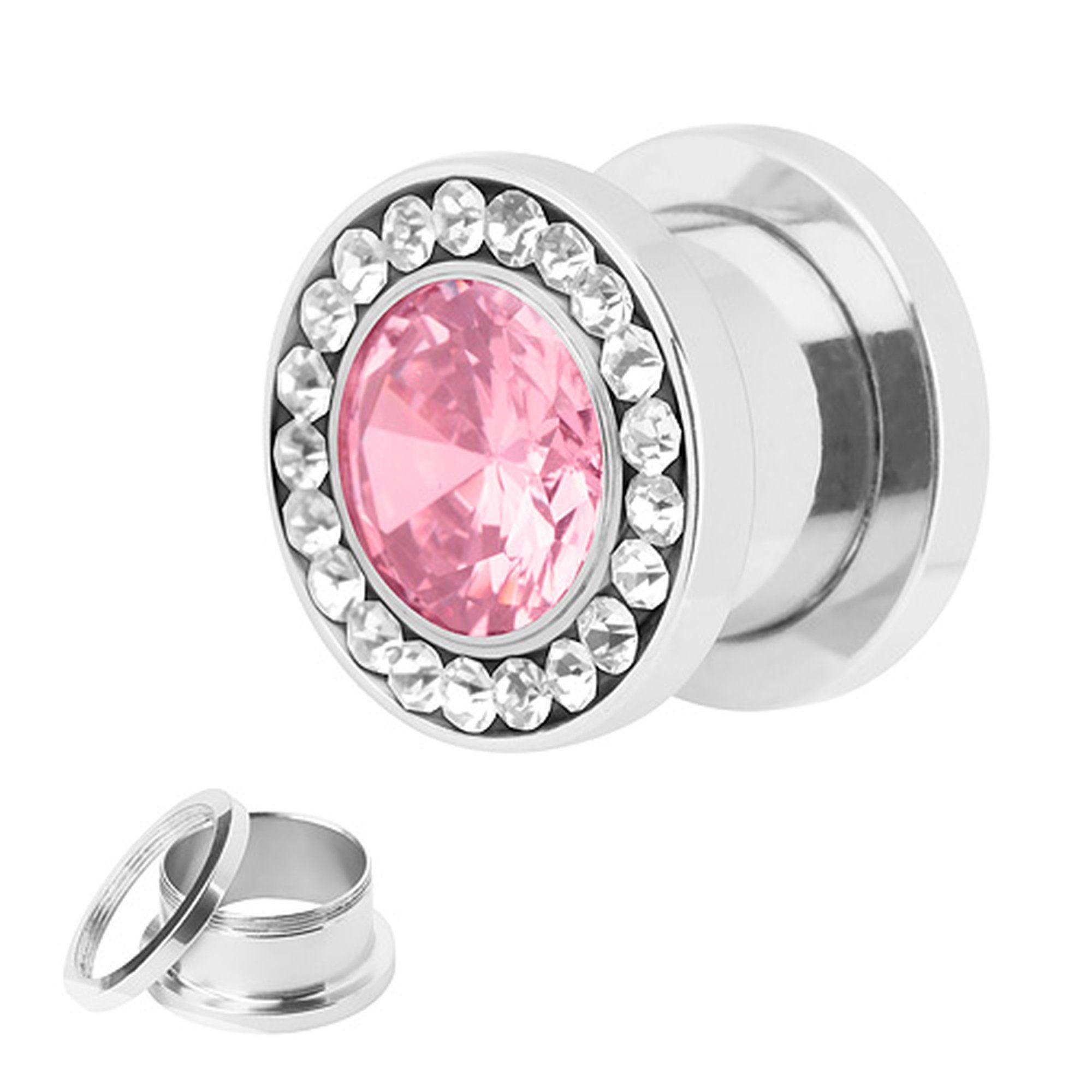 Flesh Zirkonia Piercing Tunnel Clear Schraub Pink Zirkonia Plug Edelstahl Kristall, Plug Schraub Ohr Piercing / Plug Multi Taffstyle Ohrpiercing