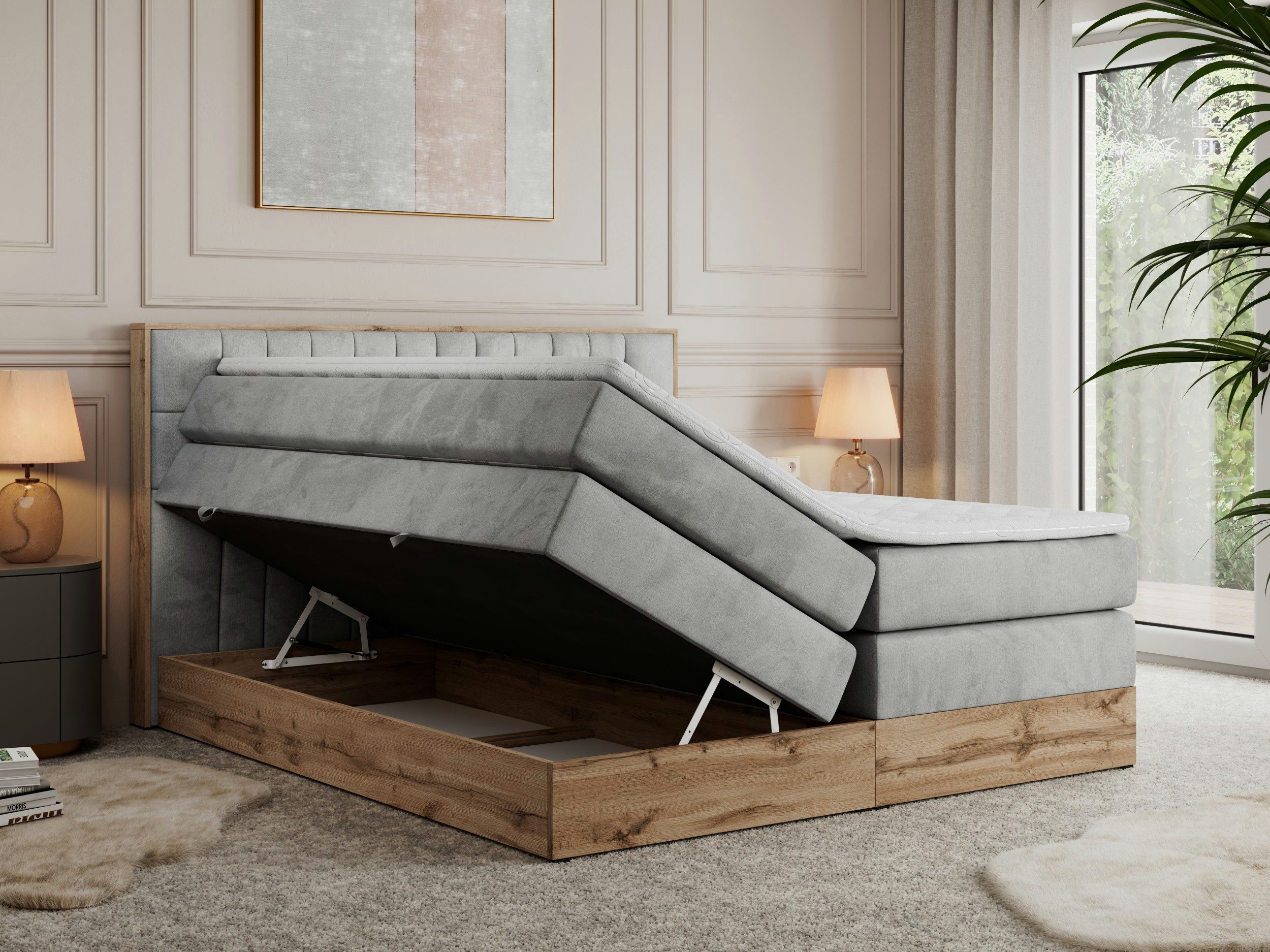 MKS MÖBEL Boxspringbett AMORE KING (Set, T30-Schaum, Topper T25/Visco, fünf Matratzen, zwei Bettkästen), mit Multipocket Matratzen, Boxspringbett, mit Möbelplatten