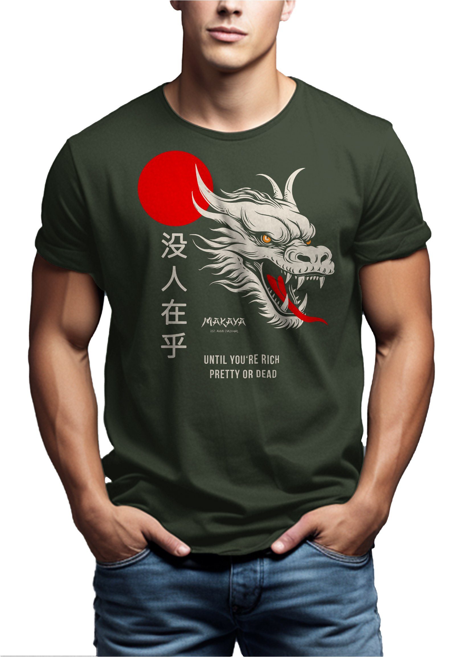 MAKAYA Print-Shirt mit Chinesischen Dragon Coole Grün Cares Geschenke Schriftzeichen Spruch Nobody Drachen