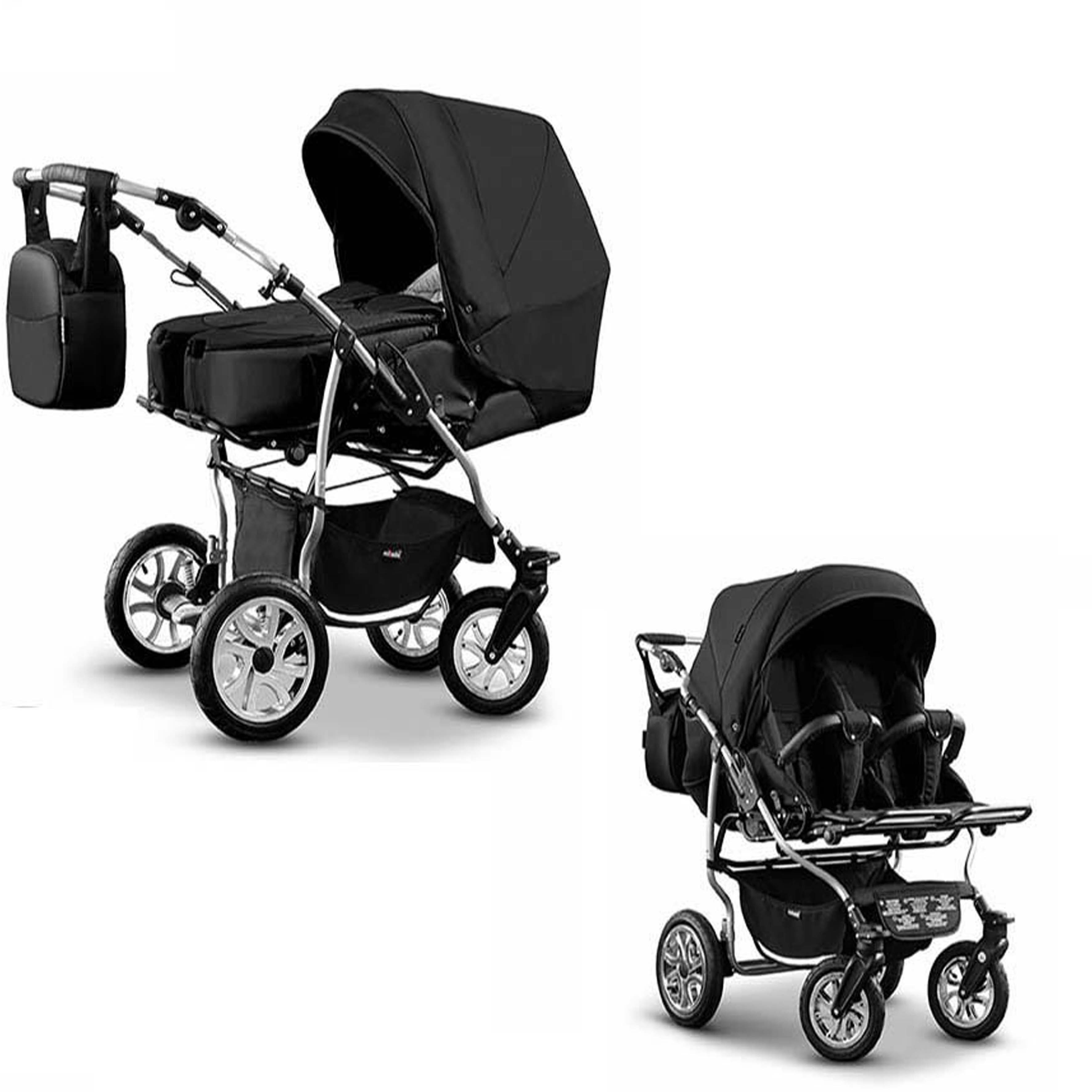 BabyMerc Zwillings-Kombikinderwagen City Twin 2 in 1 inkl. Sportsitze und Zubehör in 2 Farben