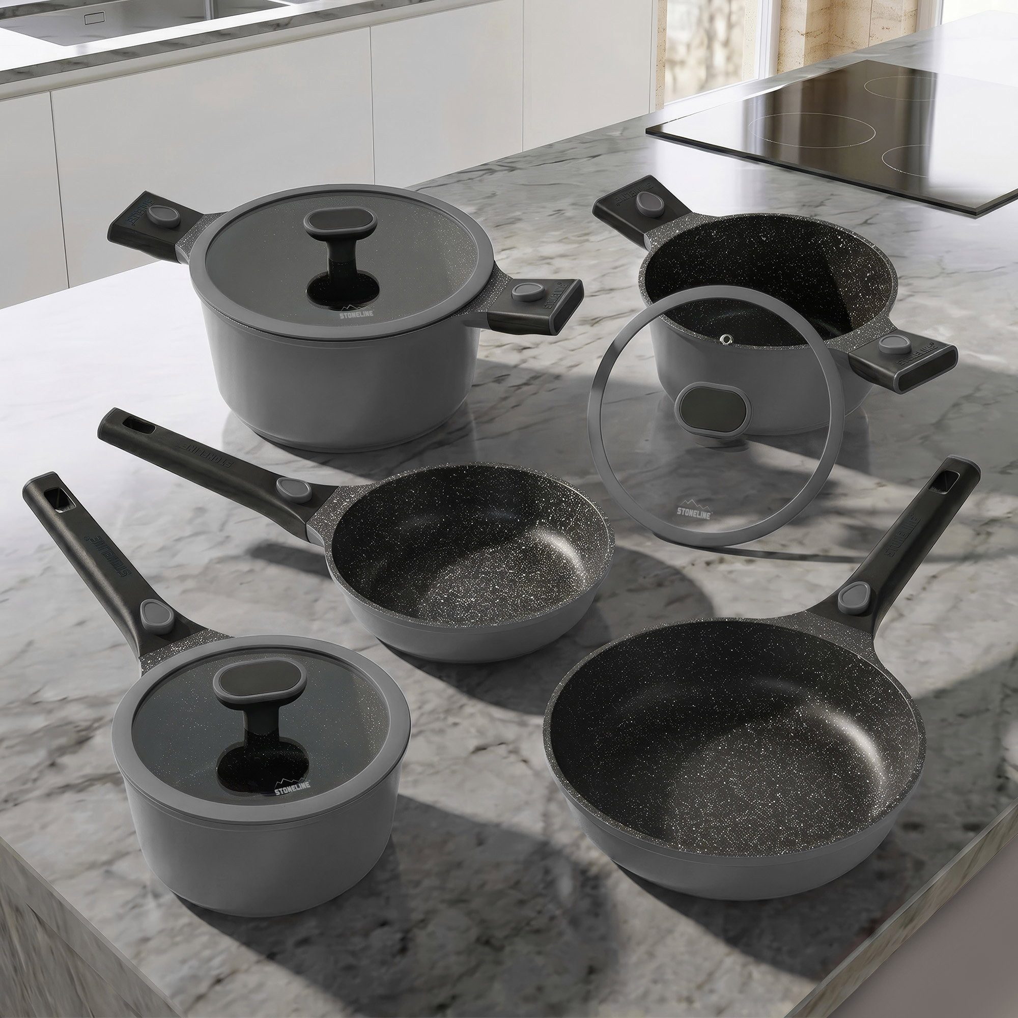 STONELINE Topf-Set, Aluminiumguss (8-tlg), mit echten Steinpartikeln, induktionsgeeignet, Designed in Germany