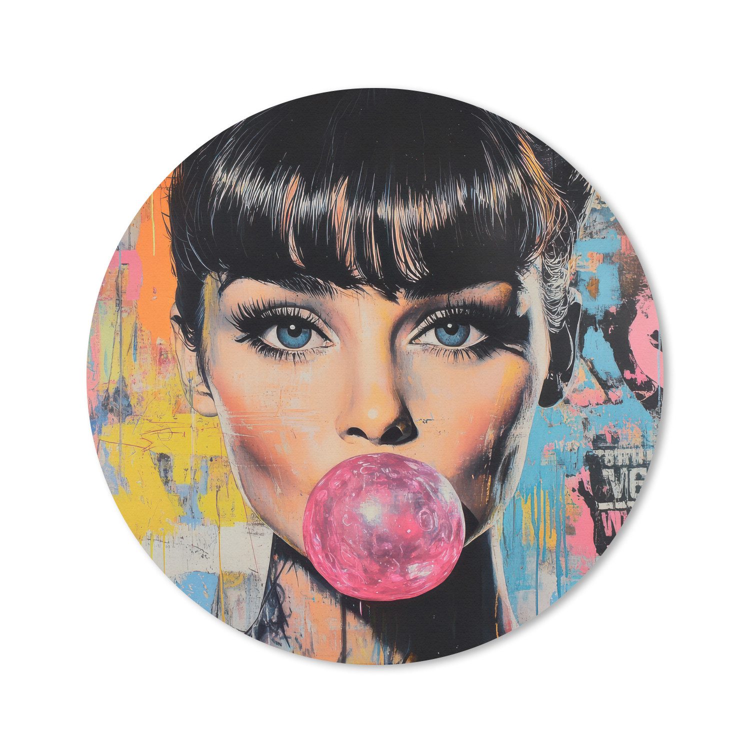 MuchoWow Mauspad Kaugummi - Frau - Pinselstriche - Modern (1-St), Büro für Tastatur und Maus, Mousepad Gaming, Rund 20x20 cm