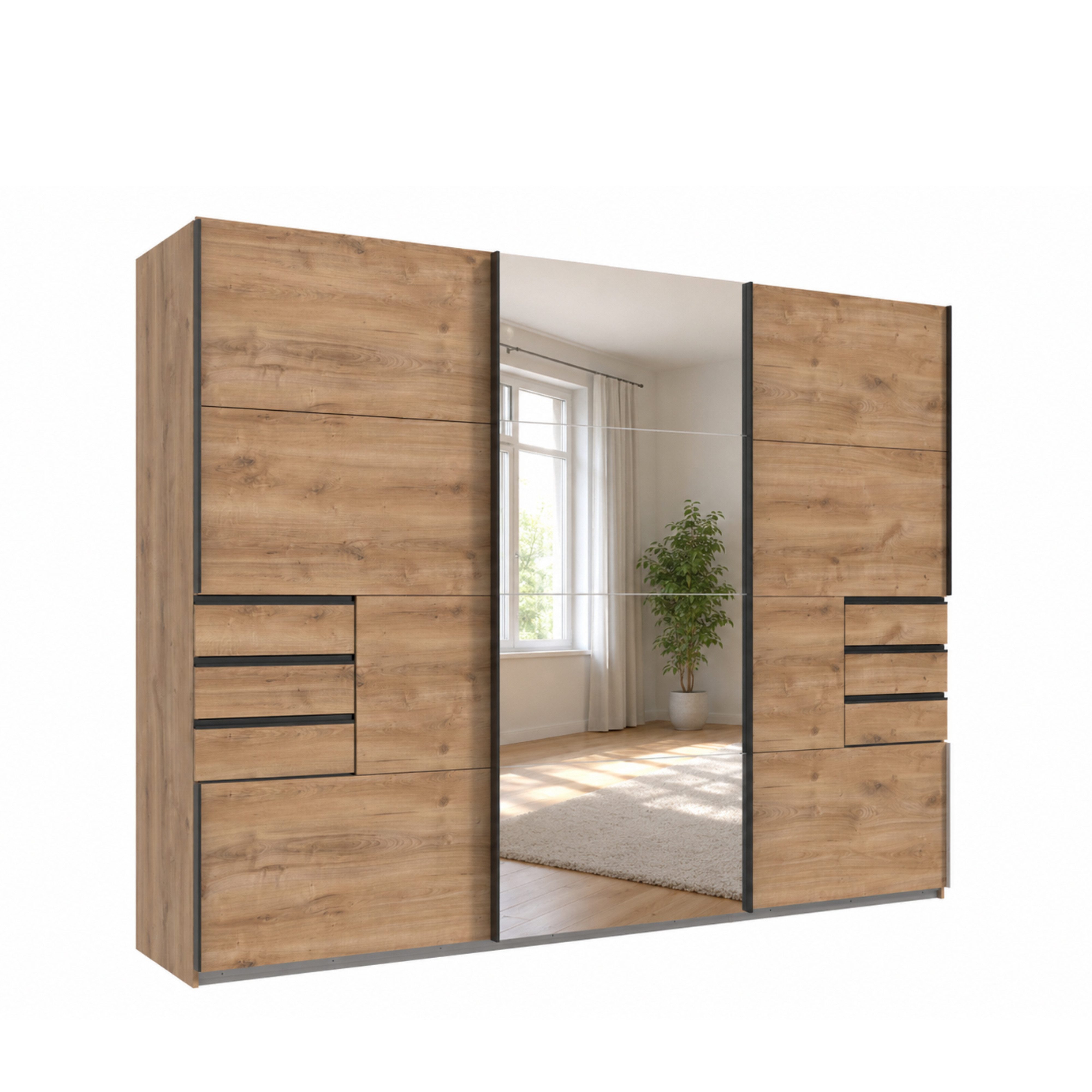 luma-home Schwebetürenschrank 22612 (B270/H208/T64 cm Kleiderschrank mit Vollausstattung, schwarze Griffleisten) in Eiche Dekor mit 6 sichtbaren Schubladen, Mitteltür Spiegelfront