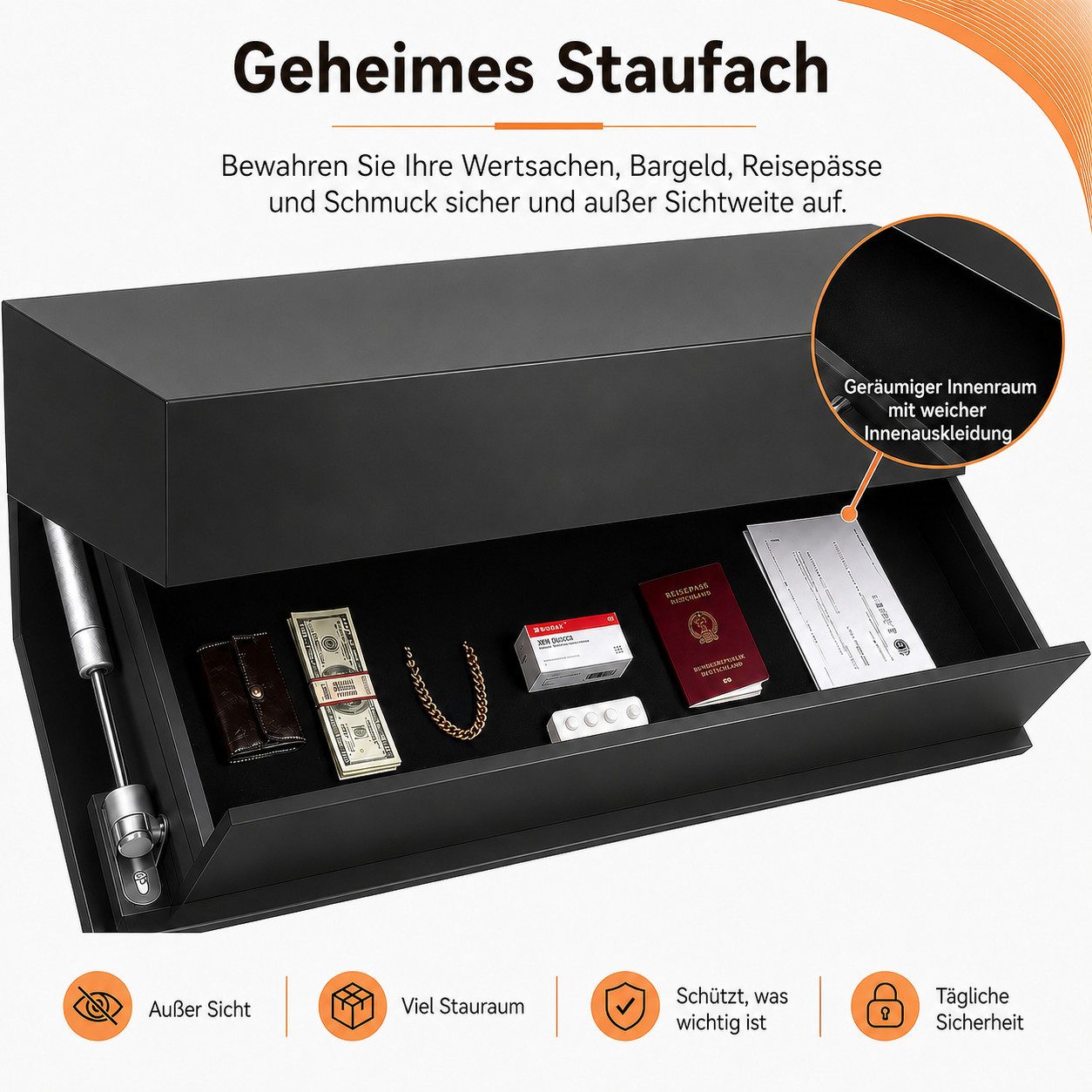 BlingBin Wandregal Schweberegal 40 cm Schwarz mit verstecktem Klappfach, 1er Set 1-tlg., Wandboard mit Stauraum, für Flur/Wohnzimmer/Schlafzimmer