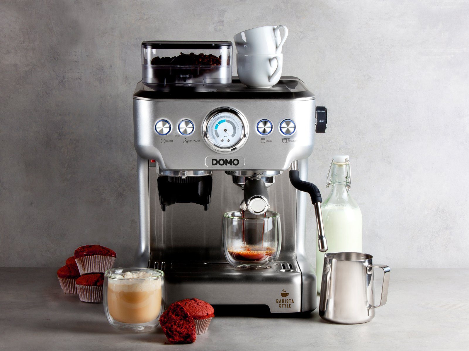 Domo Espressomaschine, Mahlwerk mit Milchschäumer abnehmbaren Wassertank Siebträgermaschine &