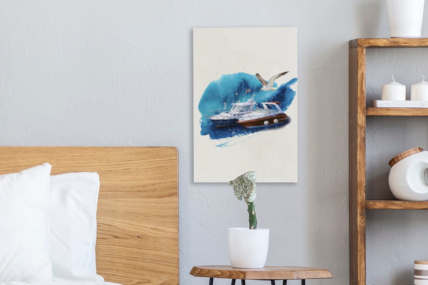 Boot (1 cm Vogel Gemälde, Wasser, fertig - Leinwandbild Zackenaufhänger, - bespannt OneMillionCanvasses® Leinwandbild 20x30 St), inkl.