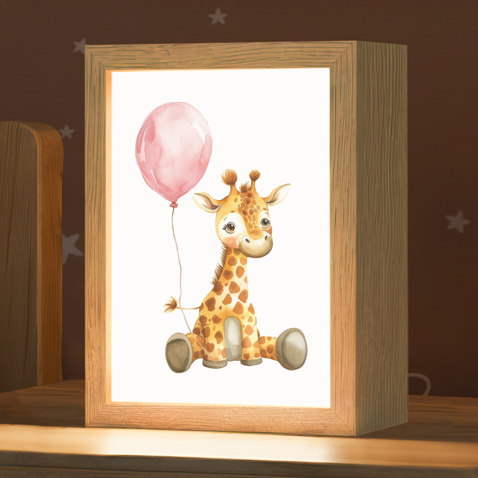 OnlyWow Nachttischlampe Lightbox Giraffe - Baby - Tiere - Rosa Luftballon - Mädchen, Dimmbar, Farbwechsel, LED, Warmweiß, Kaltweiß, Neutralweiß Einstellbar, Kinderzimmer, Babyzimmer, Dimmbar, mit Kabel, Nachtlampe, LED