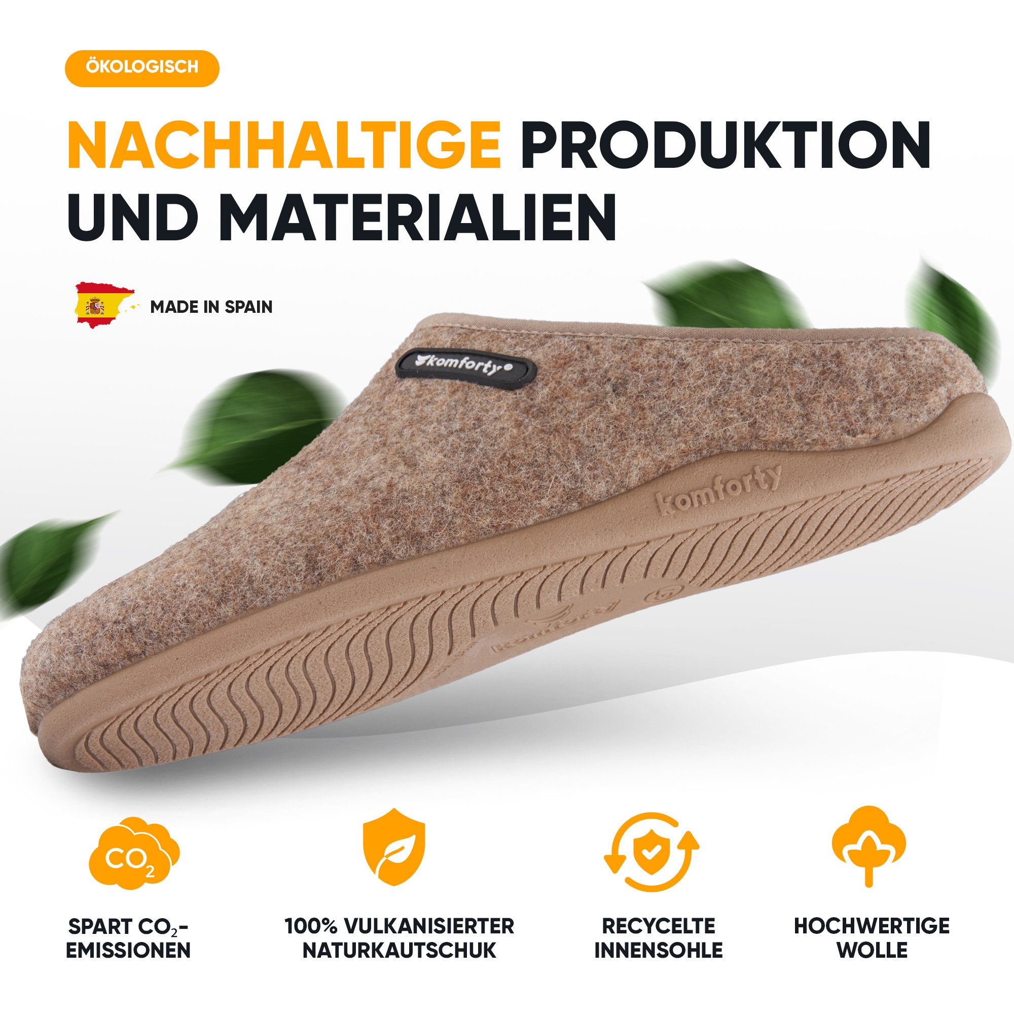 Komforty Komforty Hausschuhe Damen Herren für drinnen & draußen aus Wolle Hausschuh (Paar, Natürliche Wolle, Natürlicher Kautschuk, Warme Füße, Komforty) Natürliche Wolle, Made in Spain