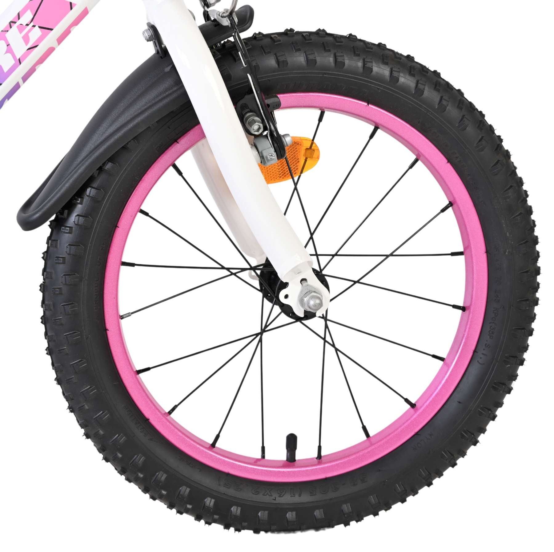 Volare Kinderfahrrad Lily 16 Zoll für Mädchen Weiß/Rosa/Lila - zwei Handbremsen, Luftreifen, Abnehmbare Stützräder, Geschlossener Kettenschutz, Klingel