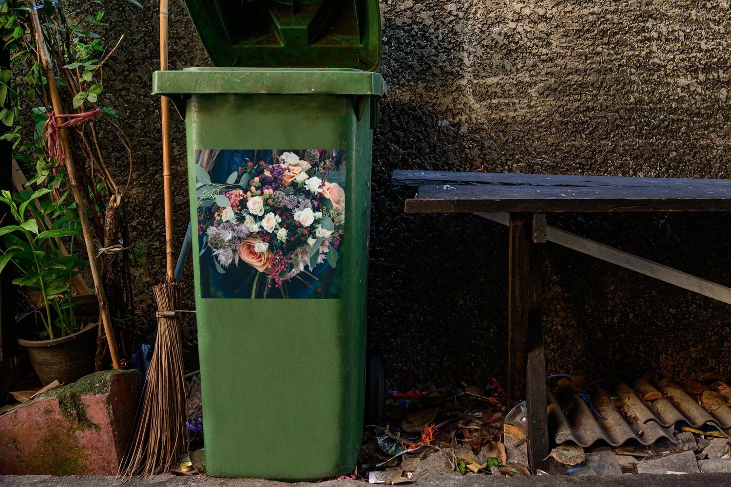 (1 Abfalbehälter Wandsticker Pastell Blumen Container, - St), Blumenstrauß - Mülleimer-aufkleber, MuchoWow Mülltonne, Sticker,