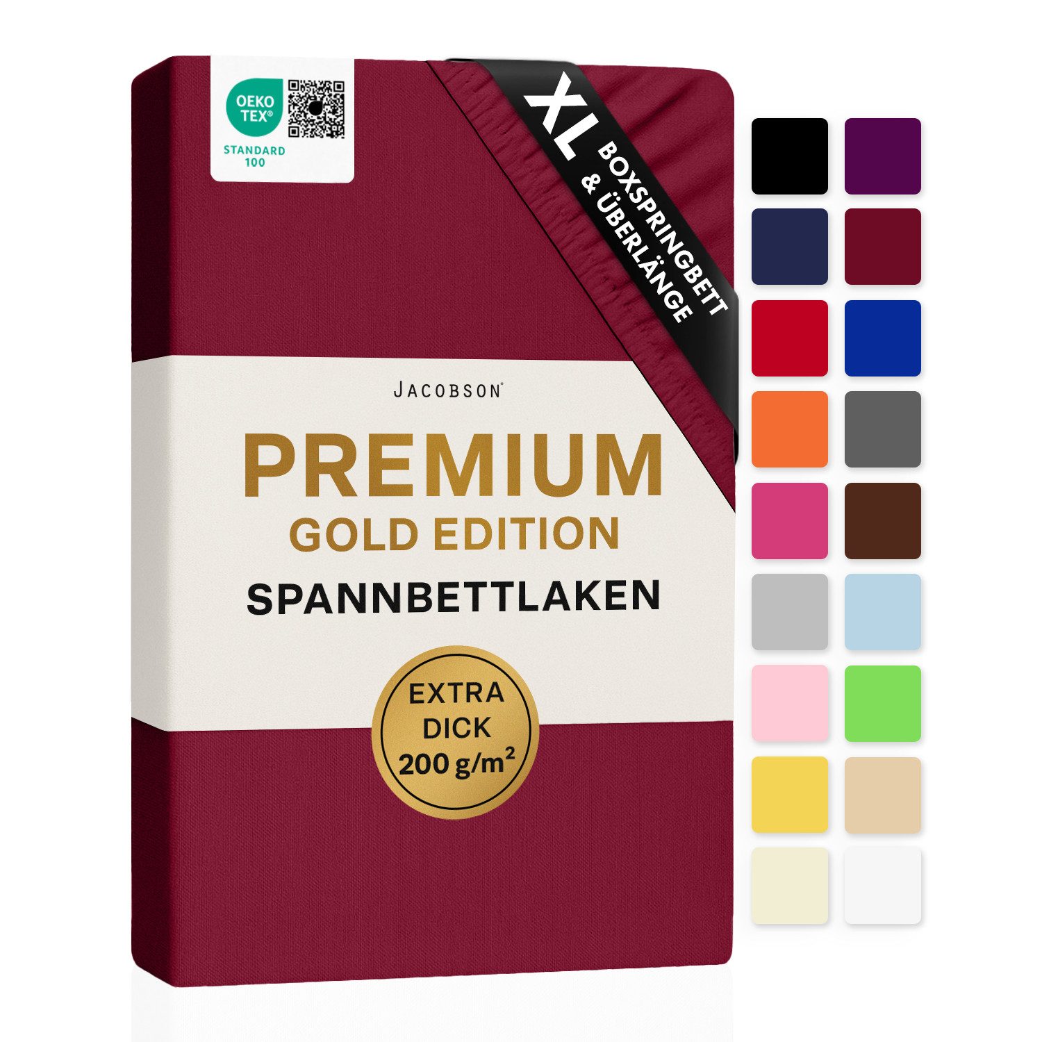 Jacobson Spannbettlaken PREMIUM für hohe Matratzen, Boxspringbett & Überlänge - 200 g/m², Stoffgewicht - straffer Sitz für maximalen Halt