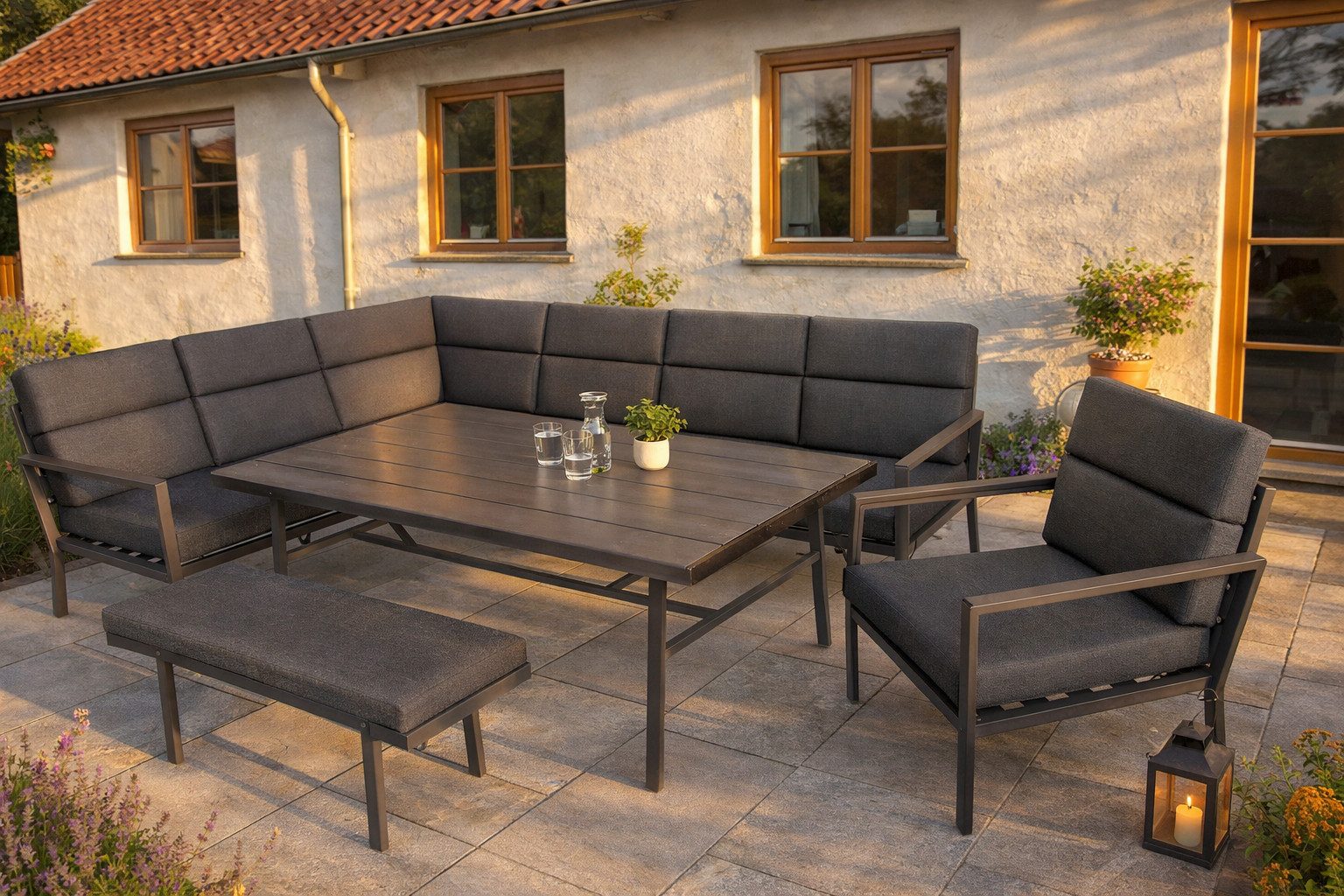 Green Spirit Loungeset »Siena« Lounge Set Alu Ecklounge Loungemöbel Sitzgruppe Gartenmöbel, (Set, 5-tlg., 1x Eckbank (2x 3-Sitzer Bank), 1x Bank, 1x Sessel, 1x Tisch), Aluminium, grau, für 9 Personen, wetterfest, Garten, Terrasse, Outdoor