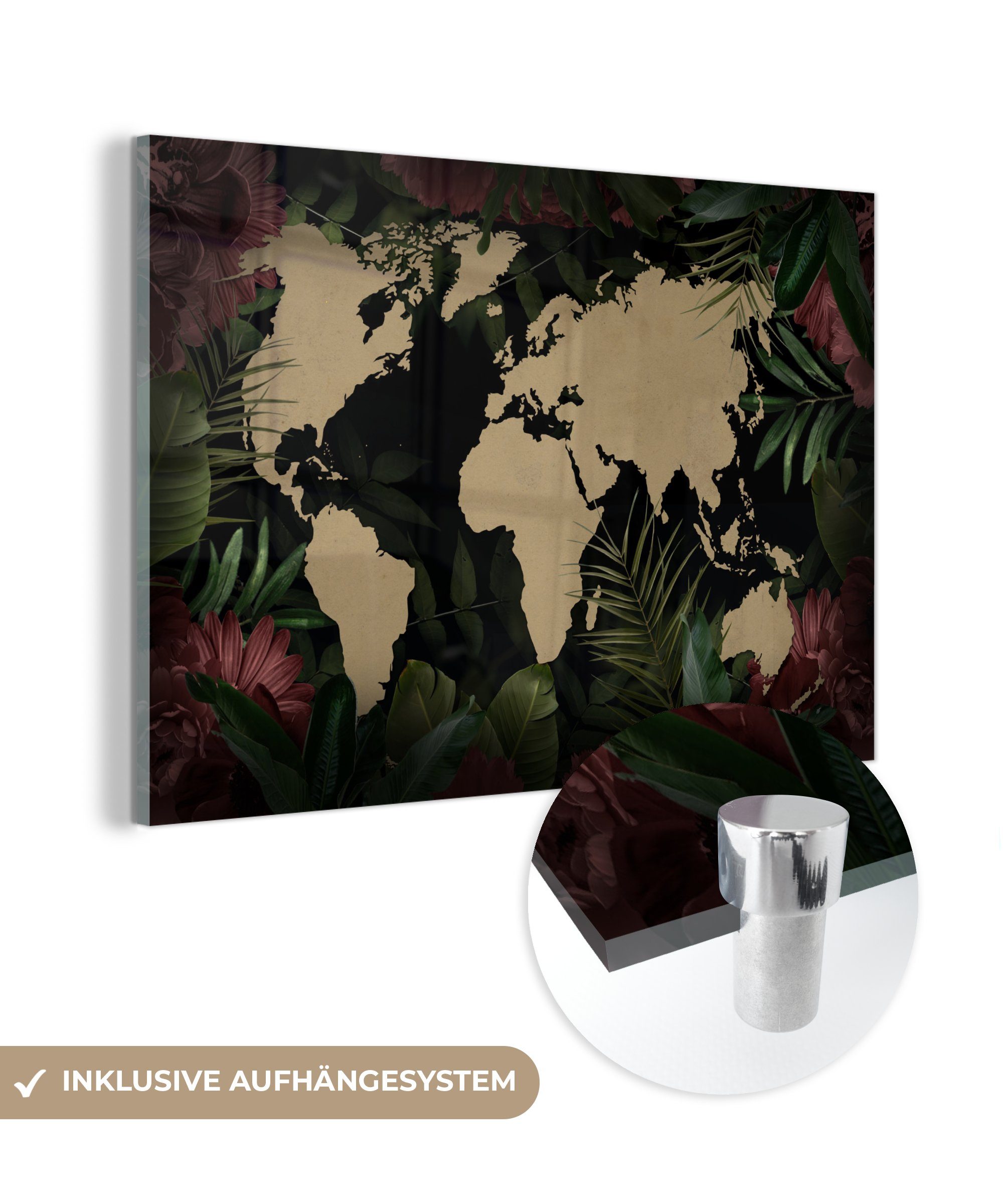 MuchoWow Acrylglasbild Weltkarte - Braun - Tropische Pflanzen, (1 St), Glasbilder - Bilder auf Glas Wandbild - Foto auf Glas - Wanddekoration