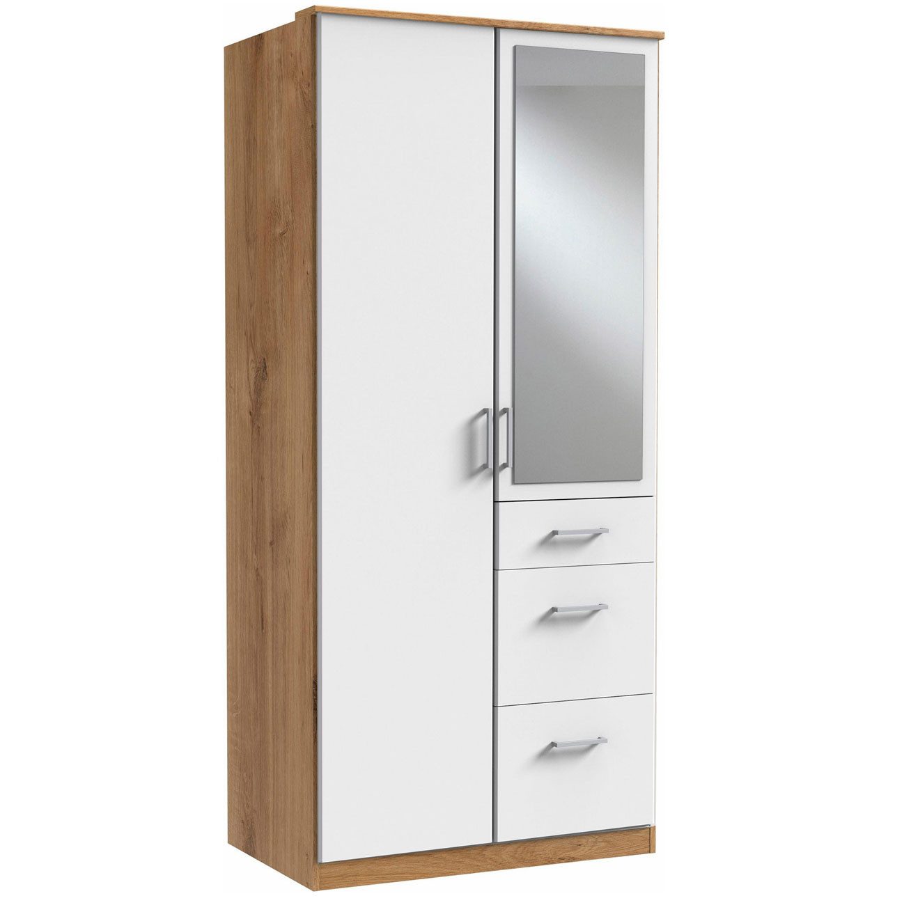 Wimex Drehtürenschrank Click (2 Türen, 3 Schubladen, 3 Einlegeböden, 1 Kleiderstange, 1-St., moderne Optik, 2-türig, Kunststoff Bügelgriffe, Spiegeltür) 90x58x199cm Plankeneiche weiß 2-türig