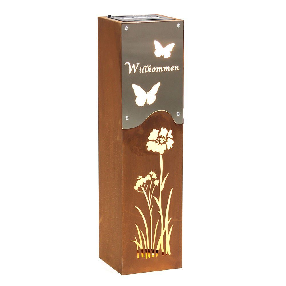 Harms Import LED Solarleuchte, LED-Leuchtmittel fest verbaut, Warmweiß, LED Solarleuchte Dekosäule Edelstahl rost silber Akku H 57,5 cm