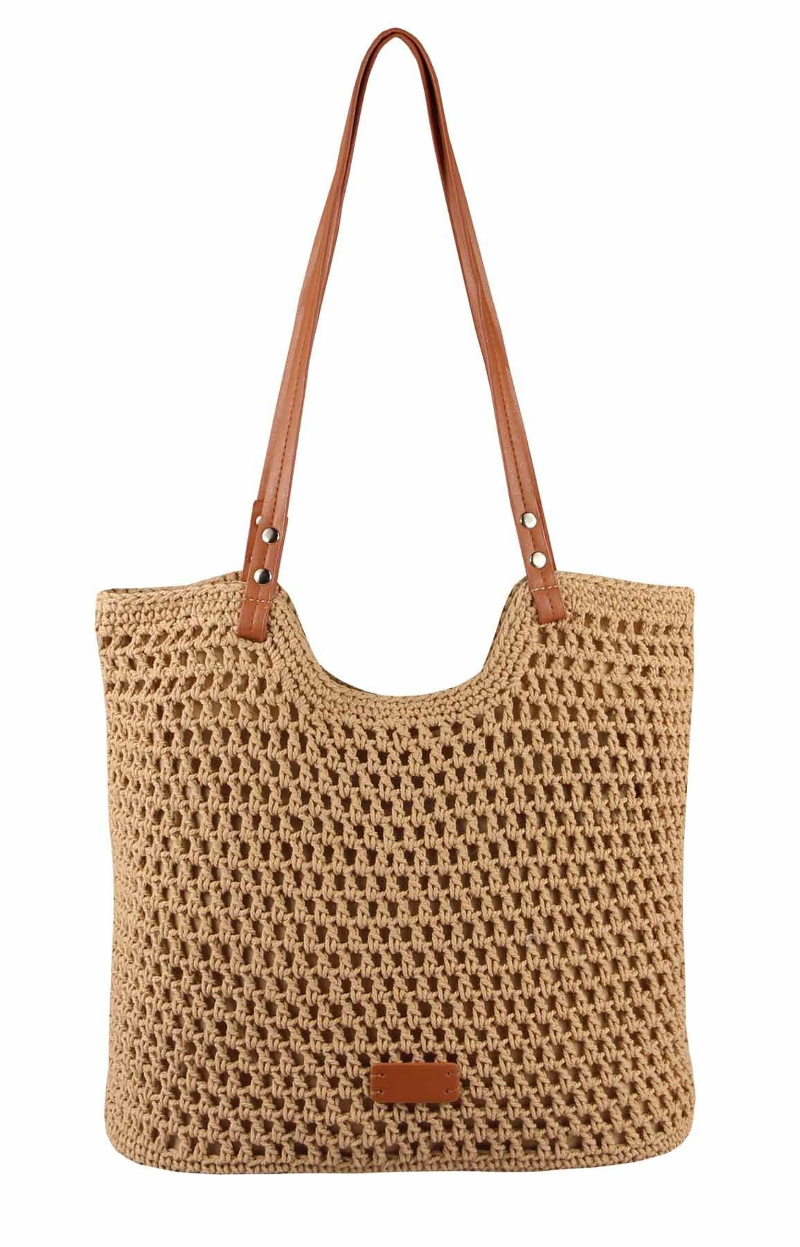 ITALYSHOP24 Schultertasche DAMEN TASCHE Boho Shopper Strohtasche Tote Bag Geflecht Häkeltasche, Textil Basttasche Strand Retro Freizeit Urlaub Sommer Beuteltasche