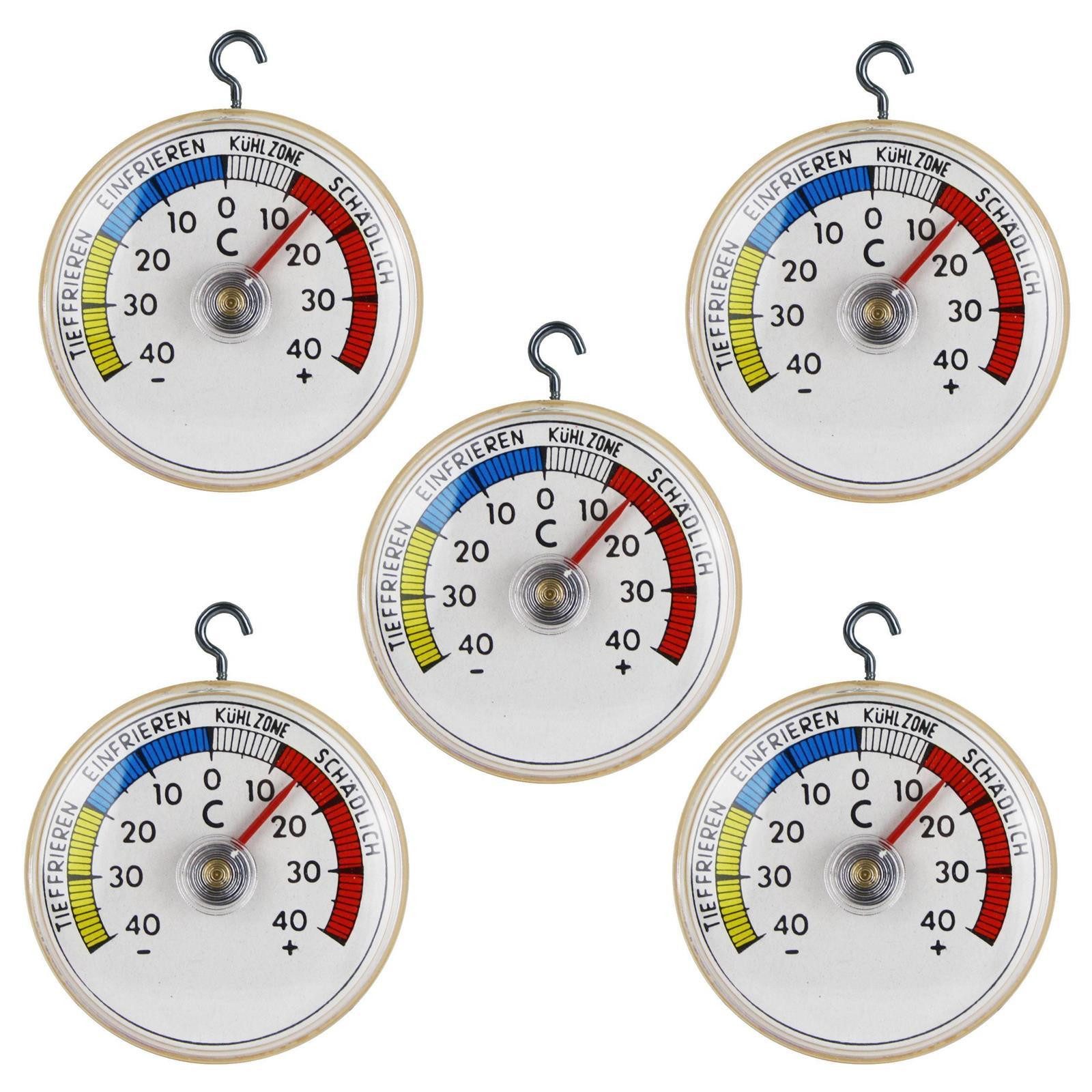Lantelme Kühlschrankthermometer selbstklebend mit Haken Gefrierschrank Kühlschrank Thermometer Analog, 5-tlg., Wählbar 2 oder 5 Stück, mit Metallhaken und Klebepad, Deutsche Herstellung, Temperaturanzeige + - 40°C